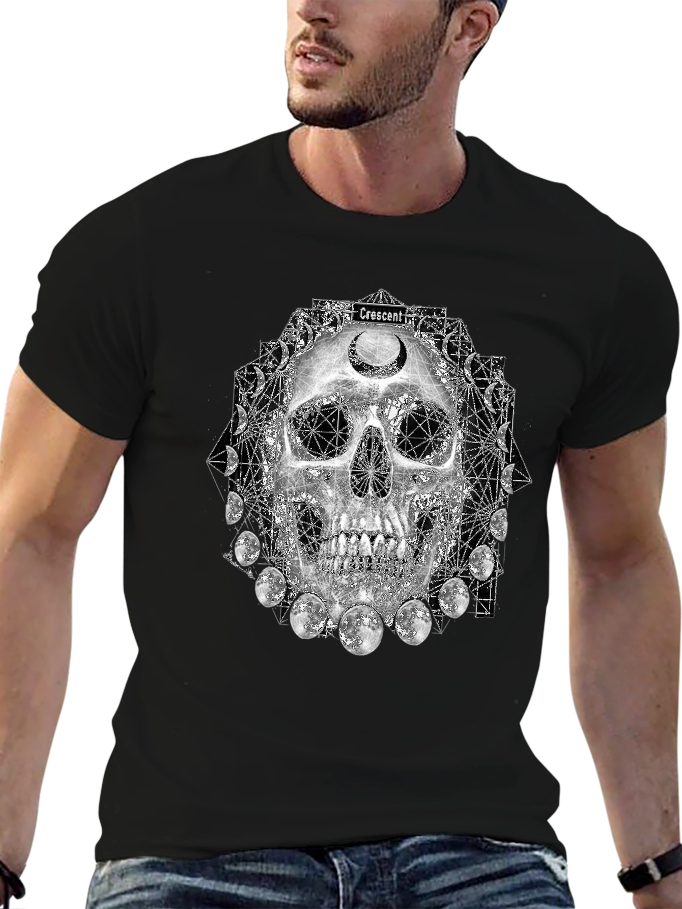 Skull Crescent Moon Phases Graphic Tee - Black
