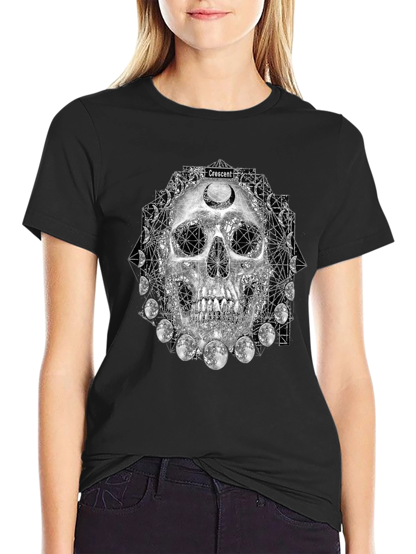 Skull Crescent Moon Phases Graphic Tee - Black