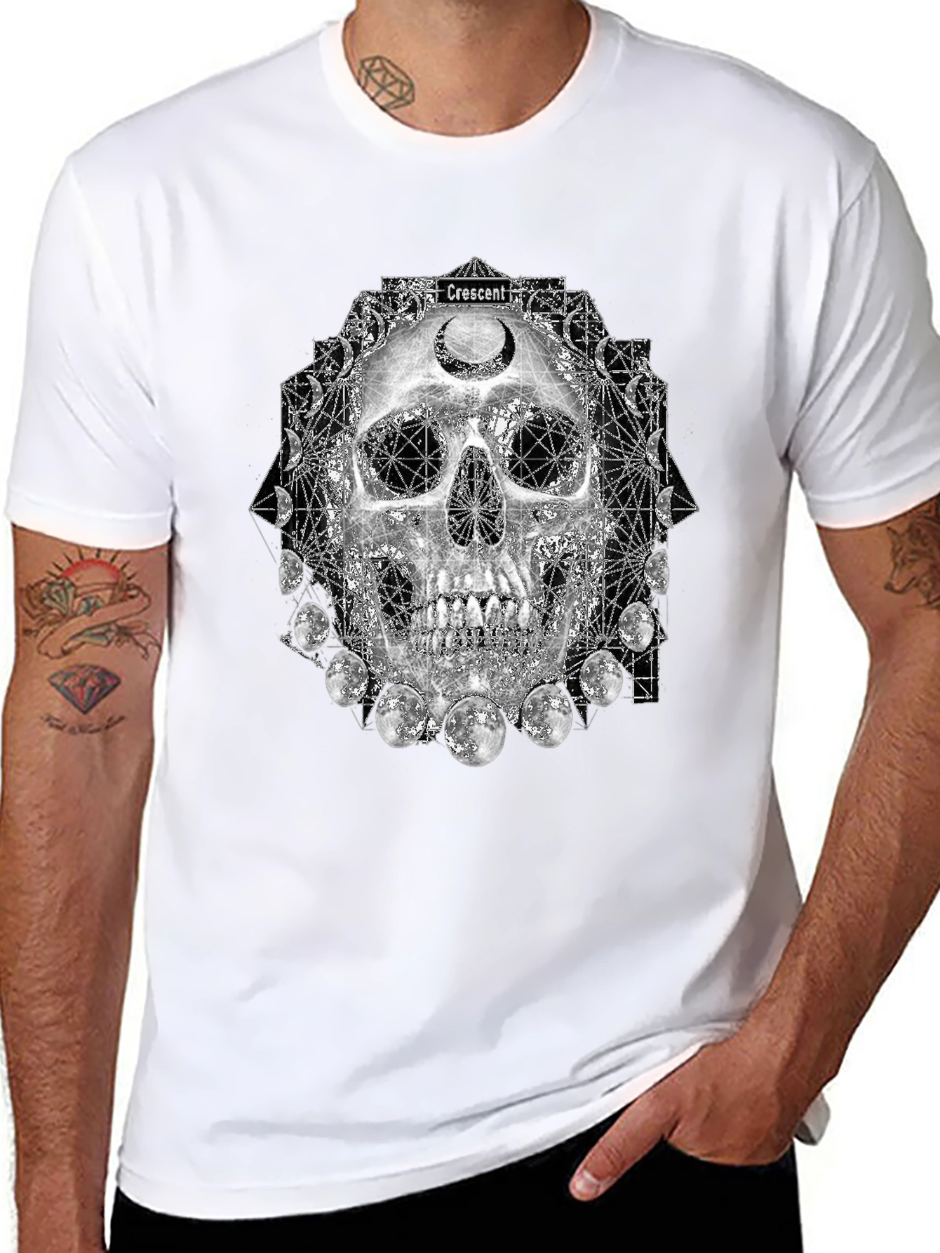 Skull Crescent Moon Phases Graphic Tee - Black