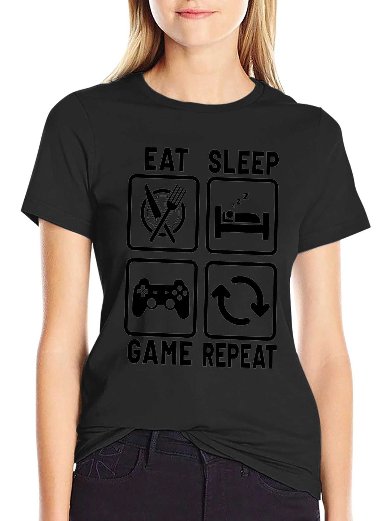 Eat Sleep Game Repeat Black Graphic Tee