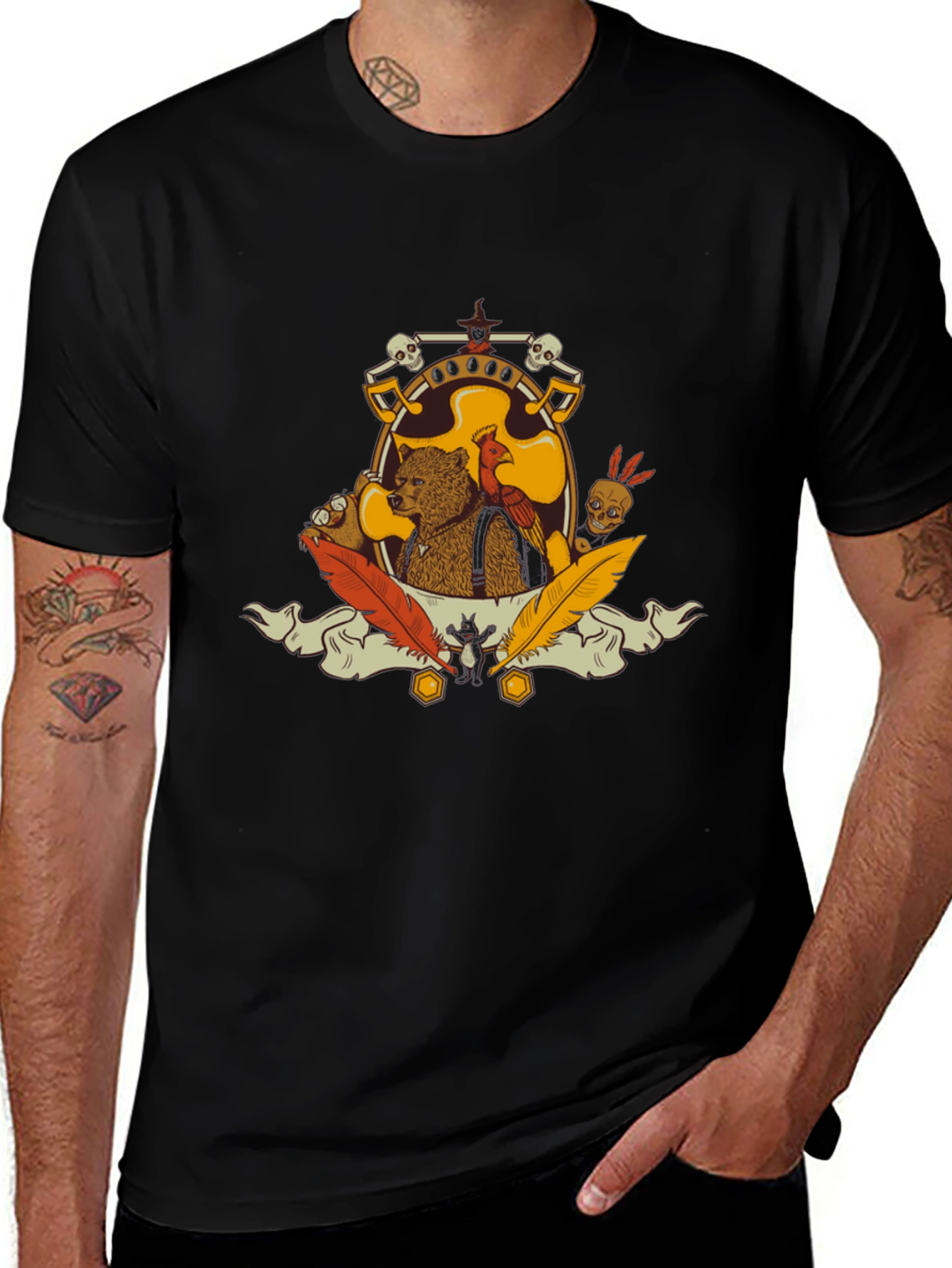 Bear & Bird Crest Graphic Tee - Black