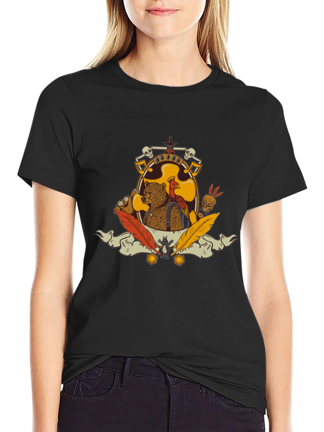 Bear & Bird Crest Graphic Tee - Black