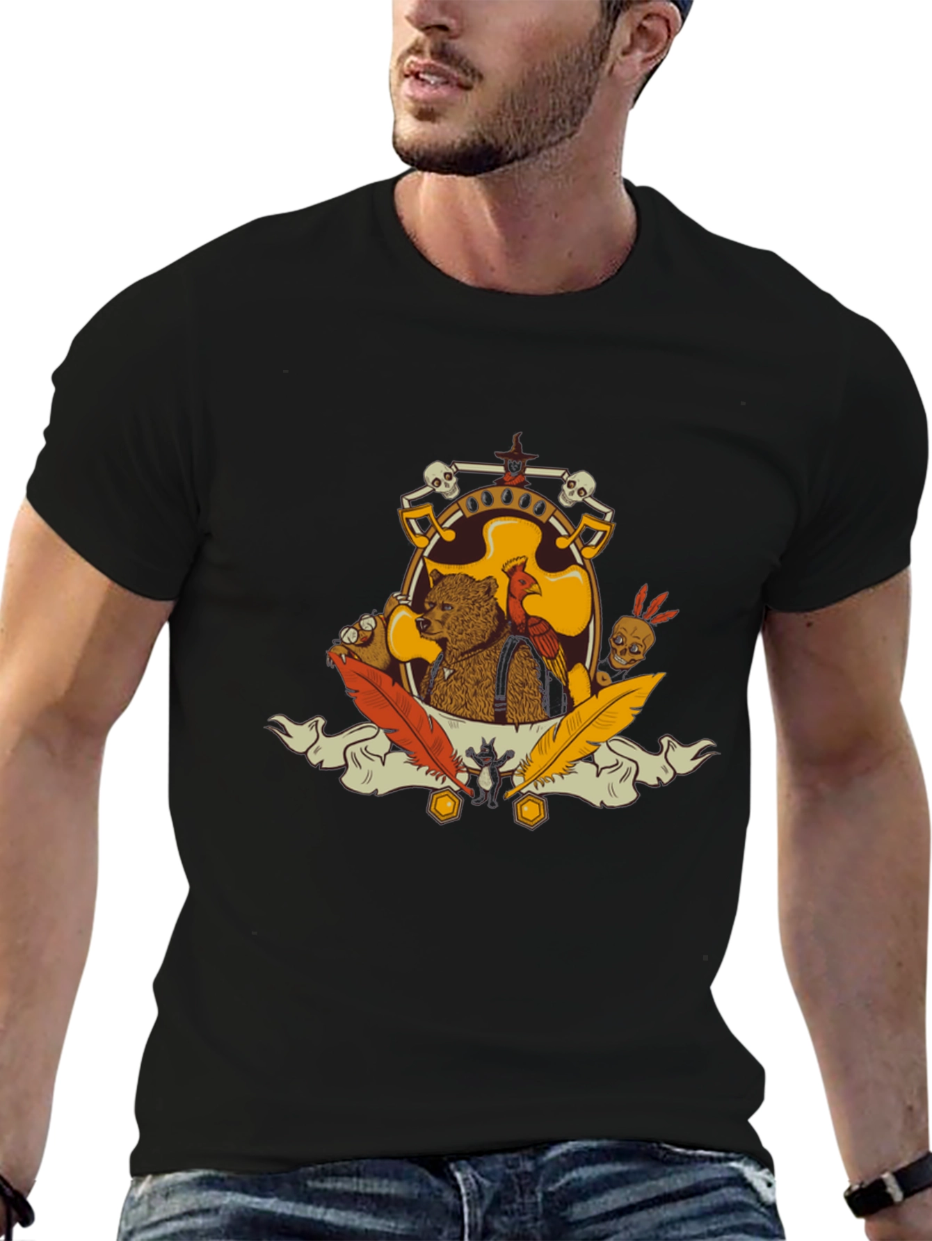 Bear & Bird Crest Graphic Tee - Black