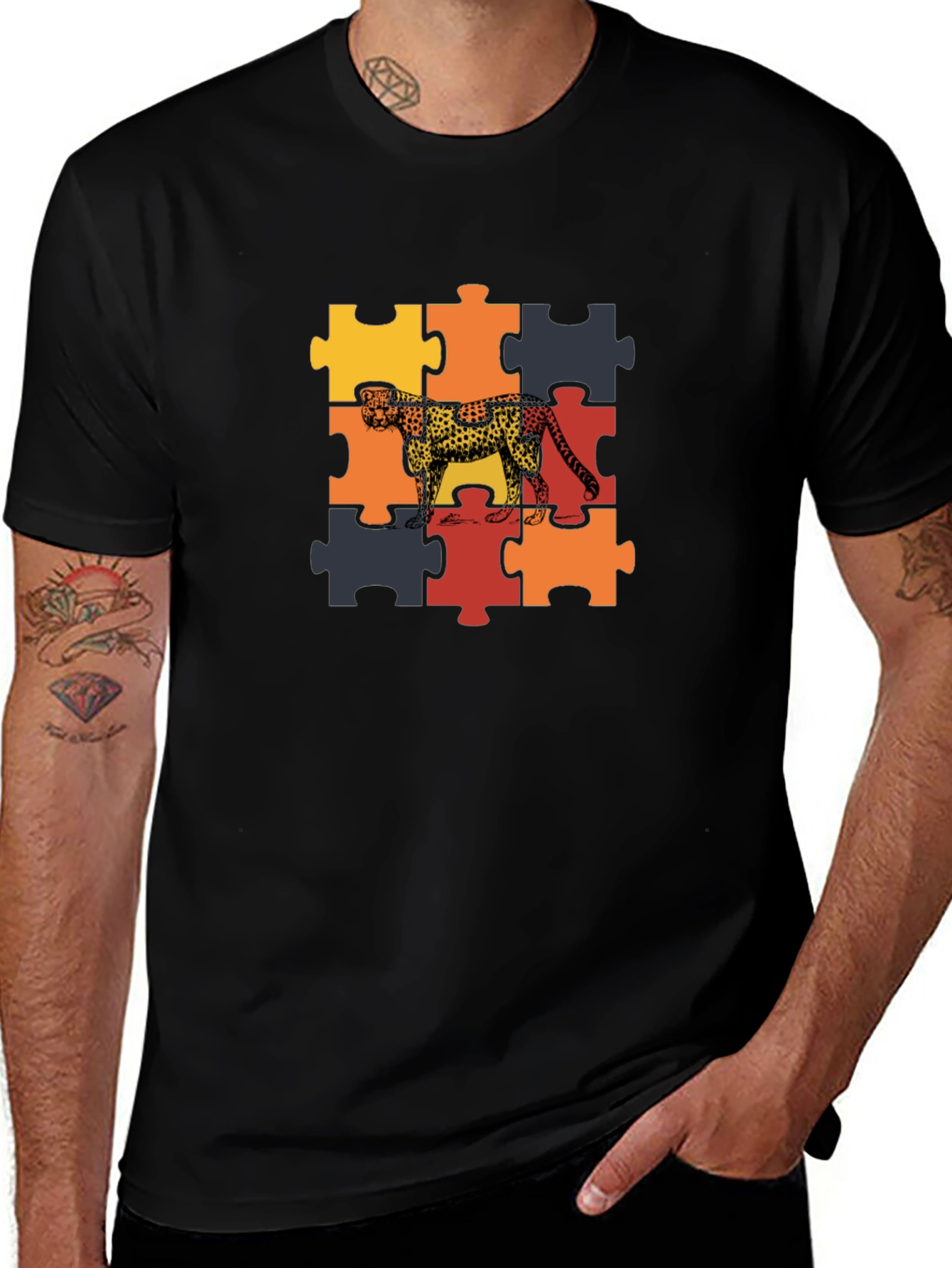 Cheetah Puzzle Graphic Tee - Black Unisex T-Shirt