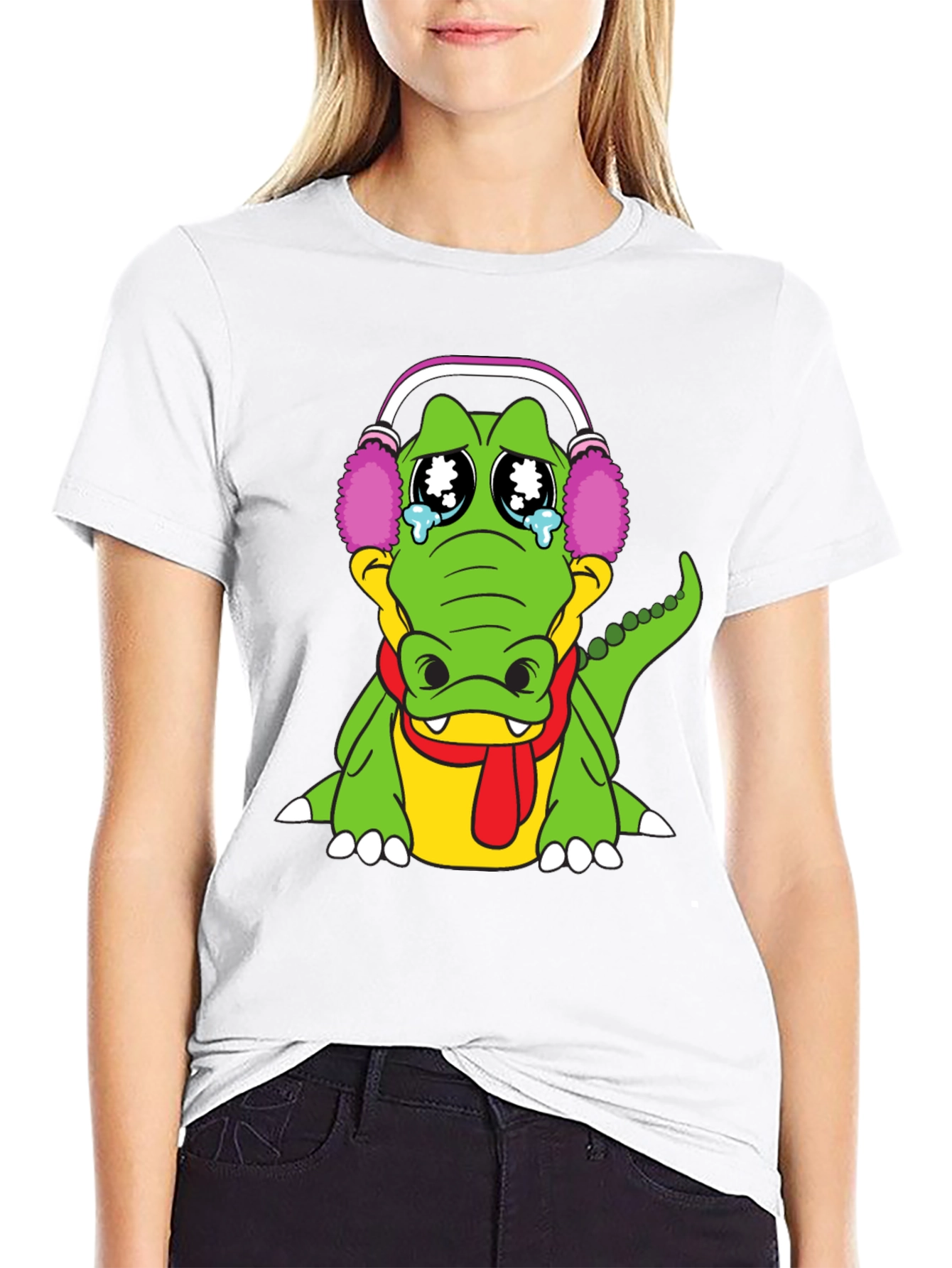 Crying Alligator with Earmuffs Graphic Tee