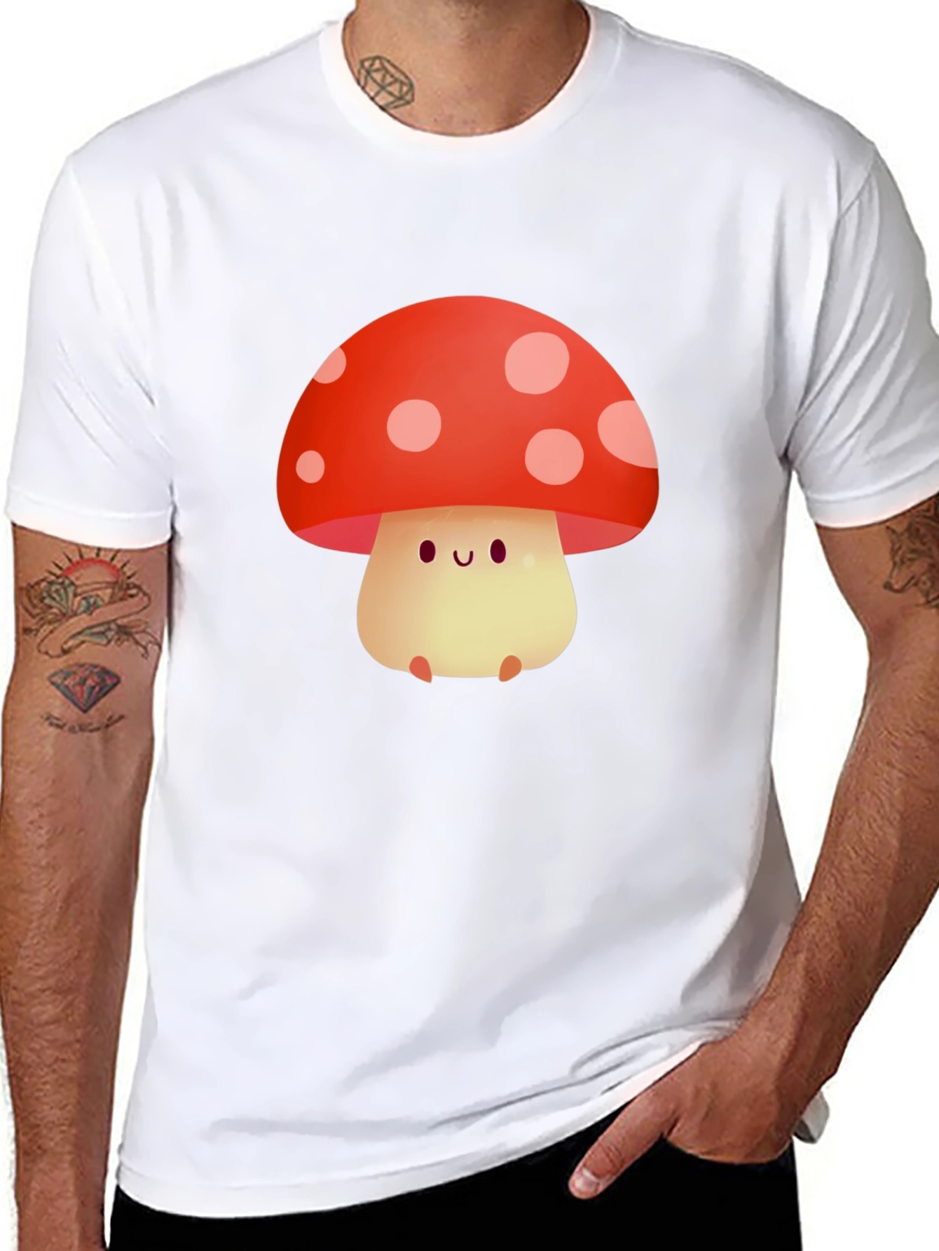 Cute Mushroom Graphic Tee - Black Cotton T-Shirt