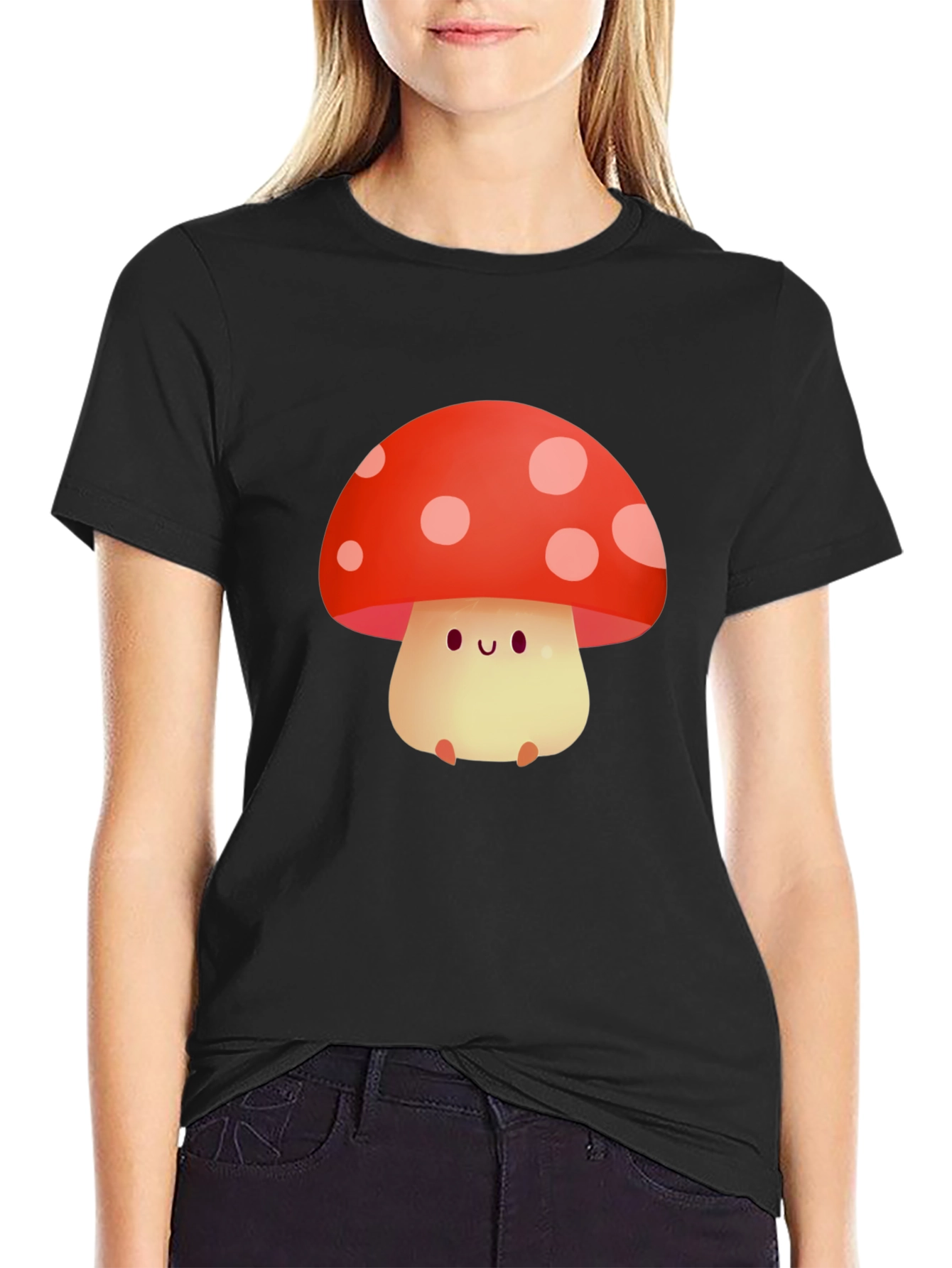 Cute Mushroom Graphic Tee - Black Cotton T-Shirt