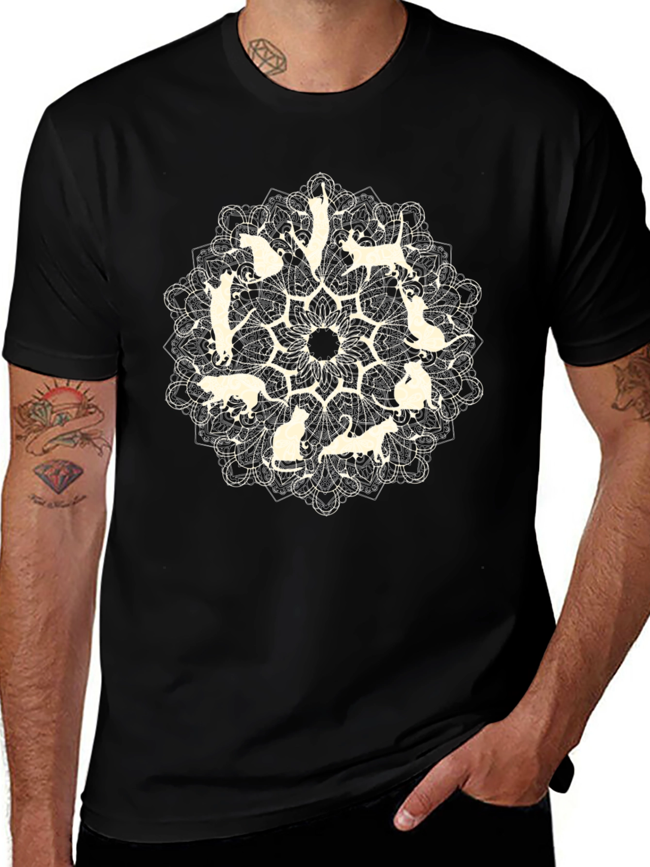 Cat Mandala Graphic Tee - Black Cotton T-Shirt