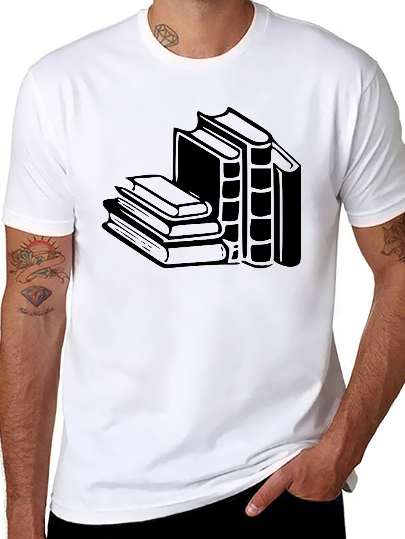 Literary Black T-Shirt - Stacked Books Design