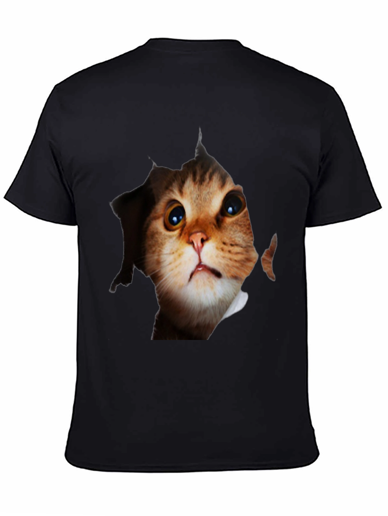3D Cat Peeking Out Black T-Shirt