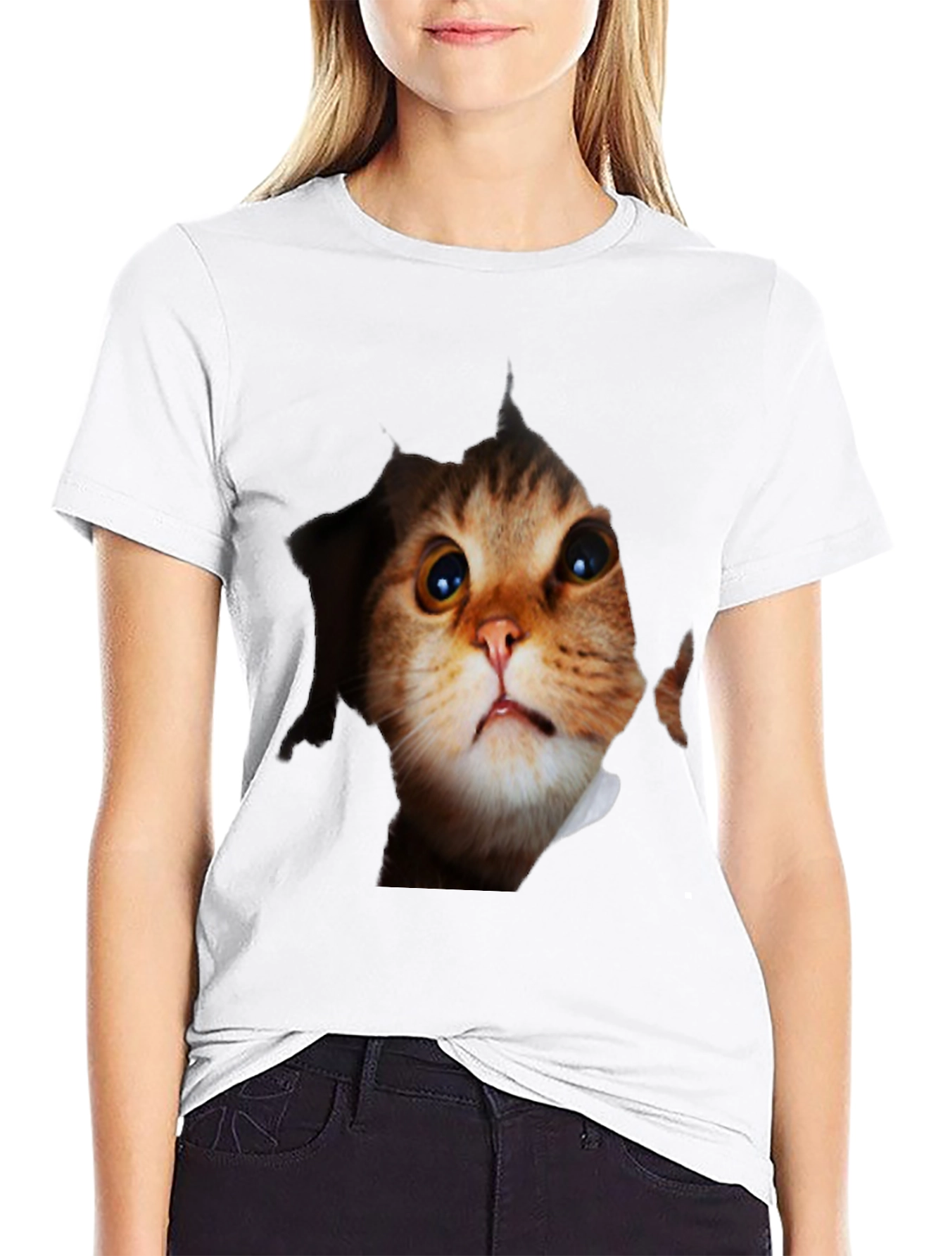 3D Cat Peeking Out Black T-Shirt