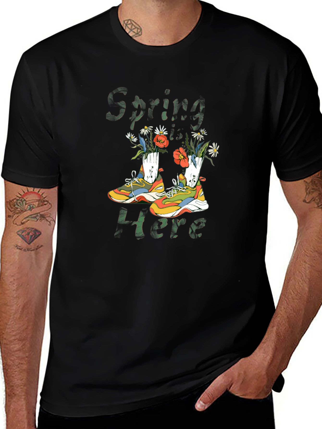 Spring Here Floral Sneakers Graphic Tee - Black