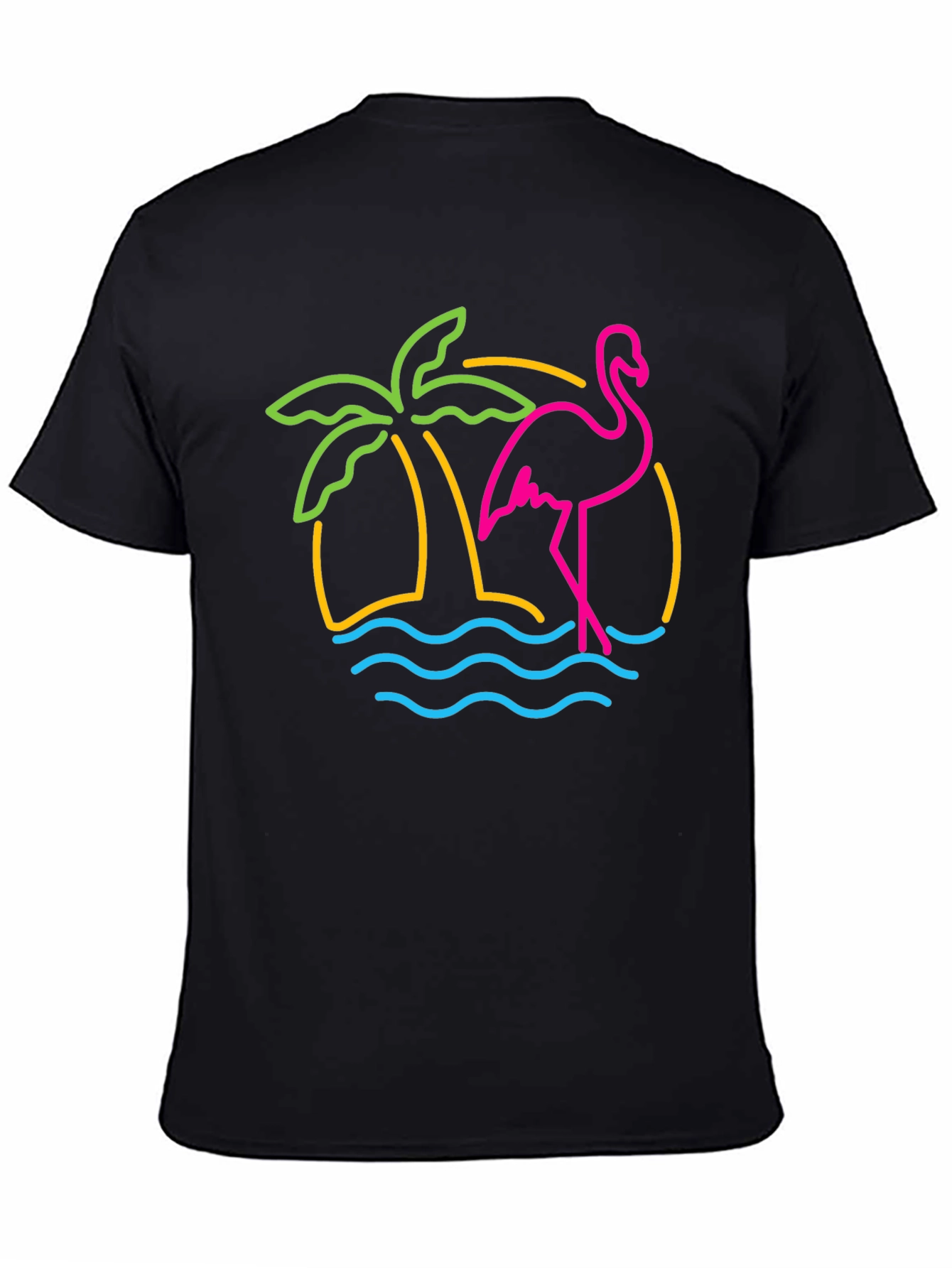 Neon Flamingo Palm Tree Graphic Tee - Black