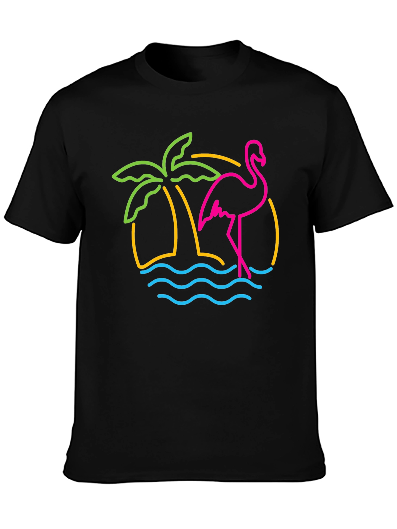 Neon Flamingo Palm Tree Graphic Tee - Black