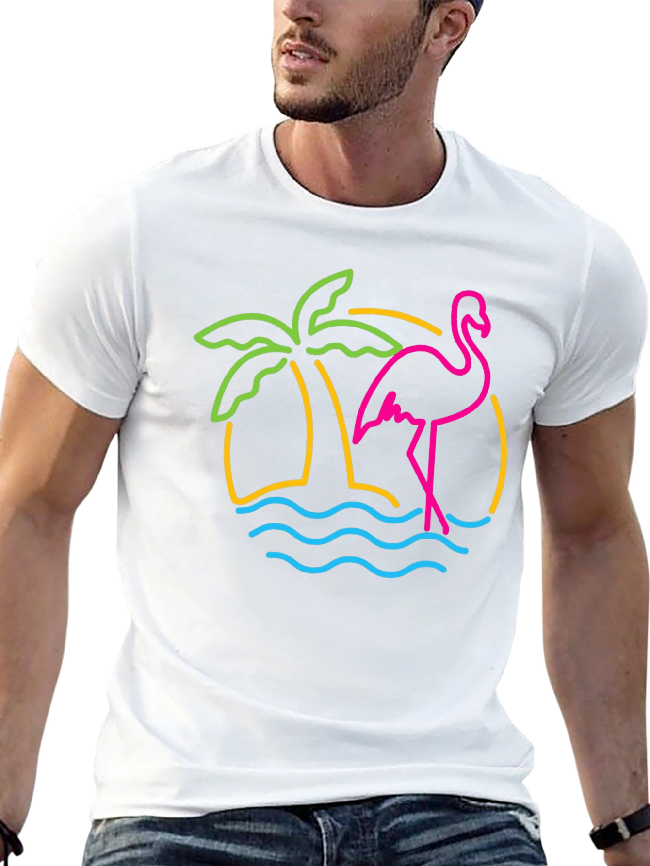 Neon Flamingo Palm Tree Graphic Tee - Black