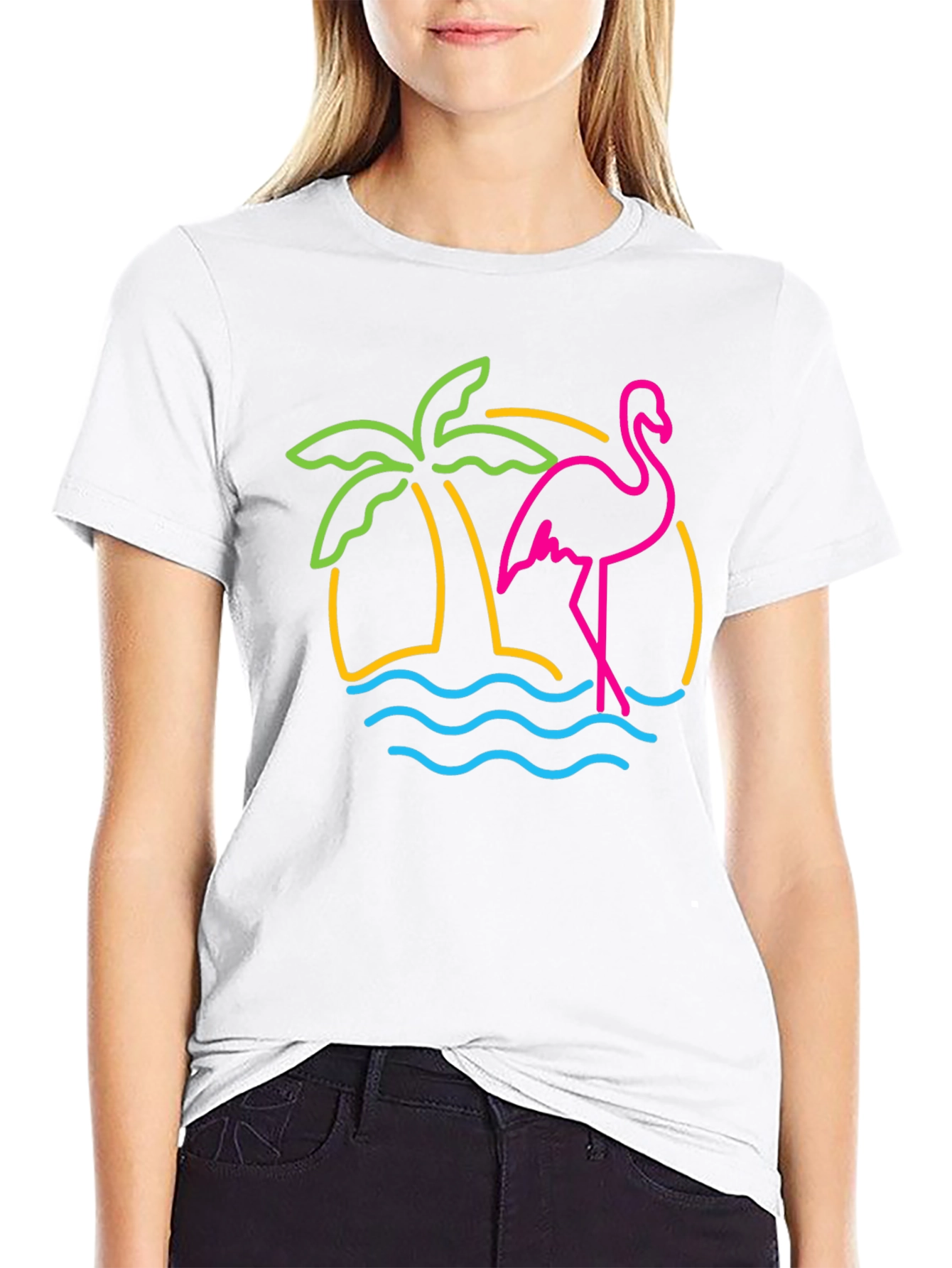 Neon Flamingo Palm Tree Graphic Tee - Black