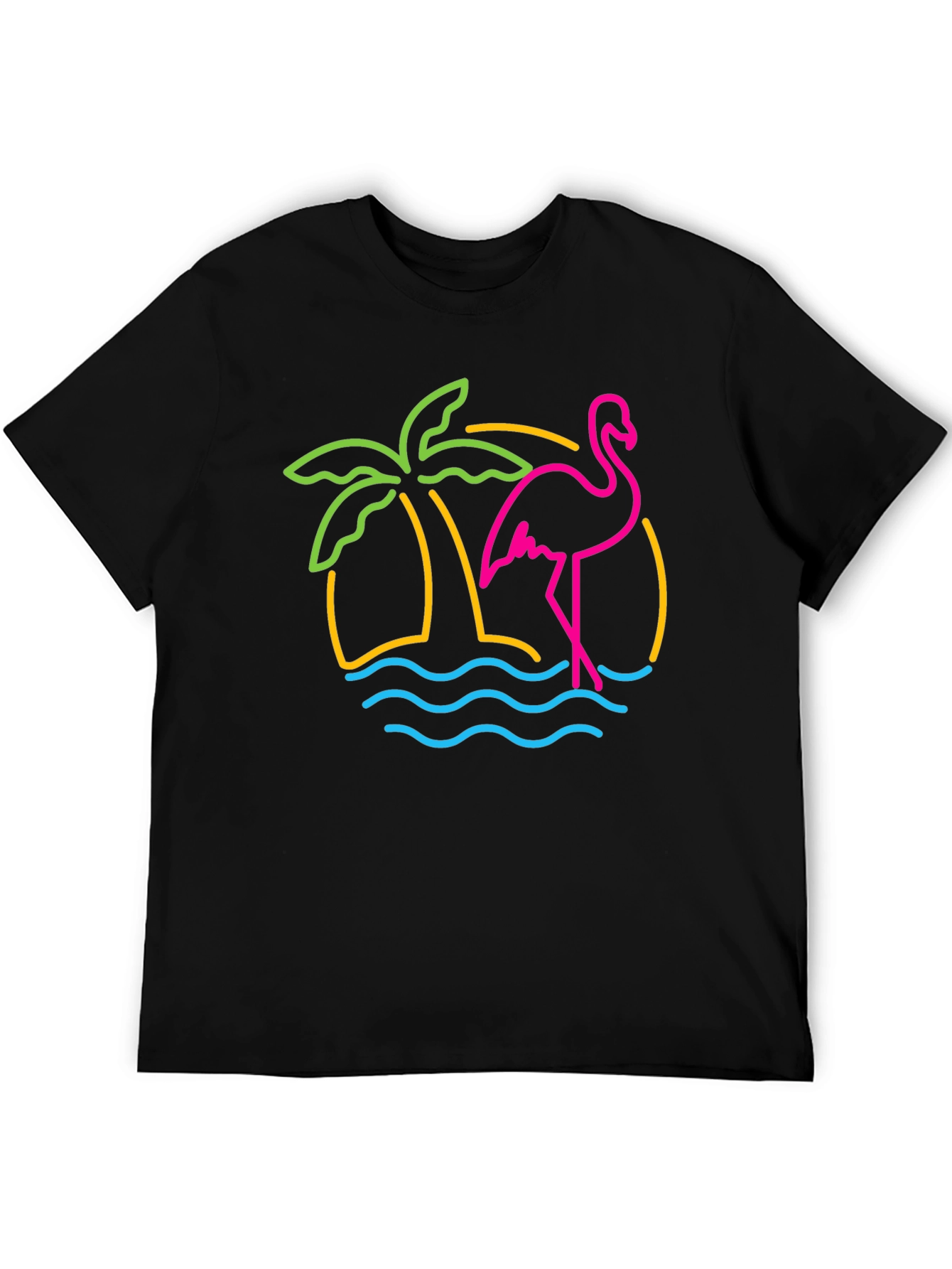Neon Flamingo Palm Tree Graphic Tee - Black