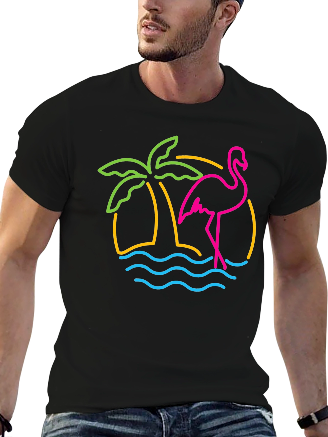 Neon Flamingo Palm Tree Graphic Tee - Black