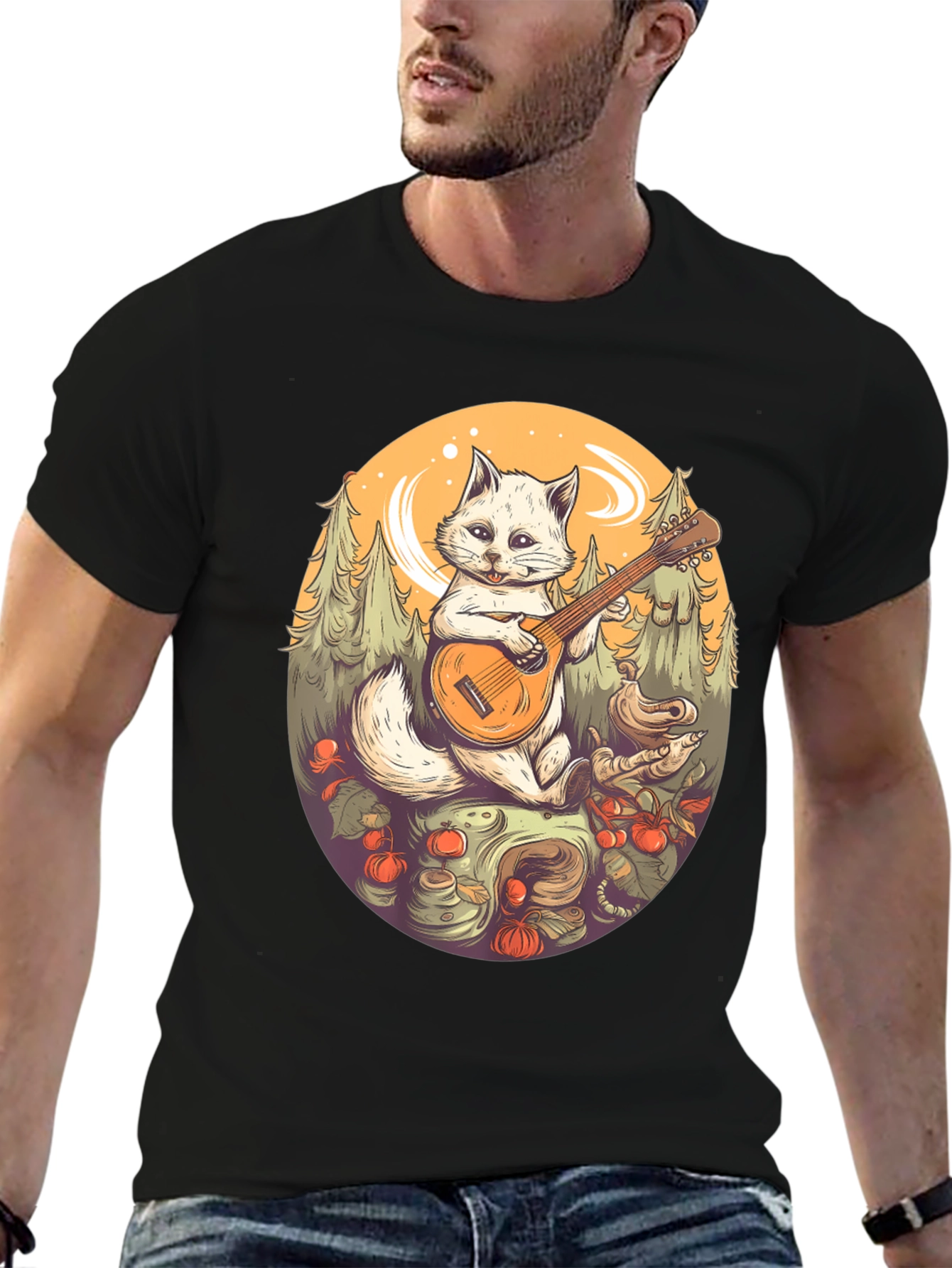 Cat Musician Graphic Tee - Black Cotton T-Shirt