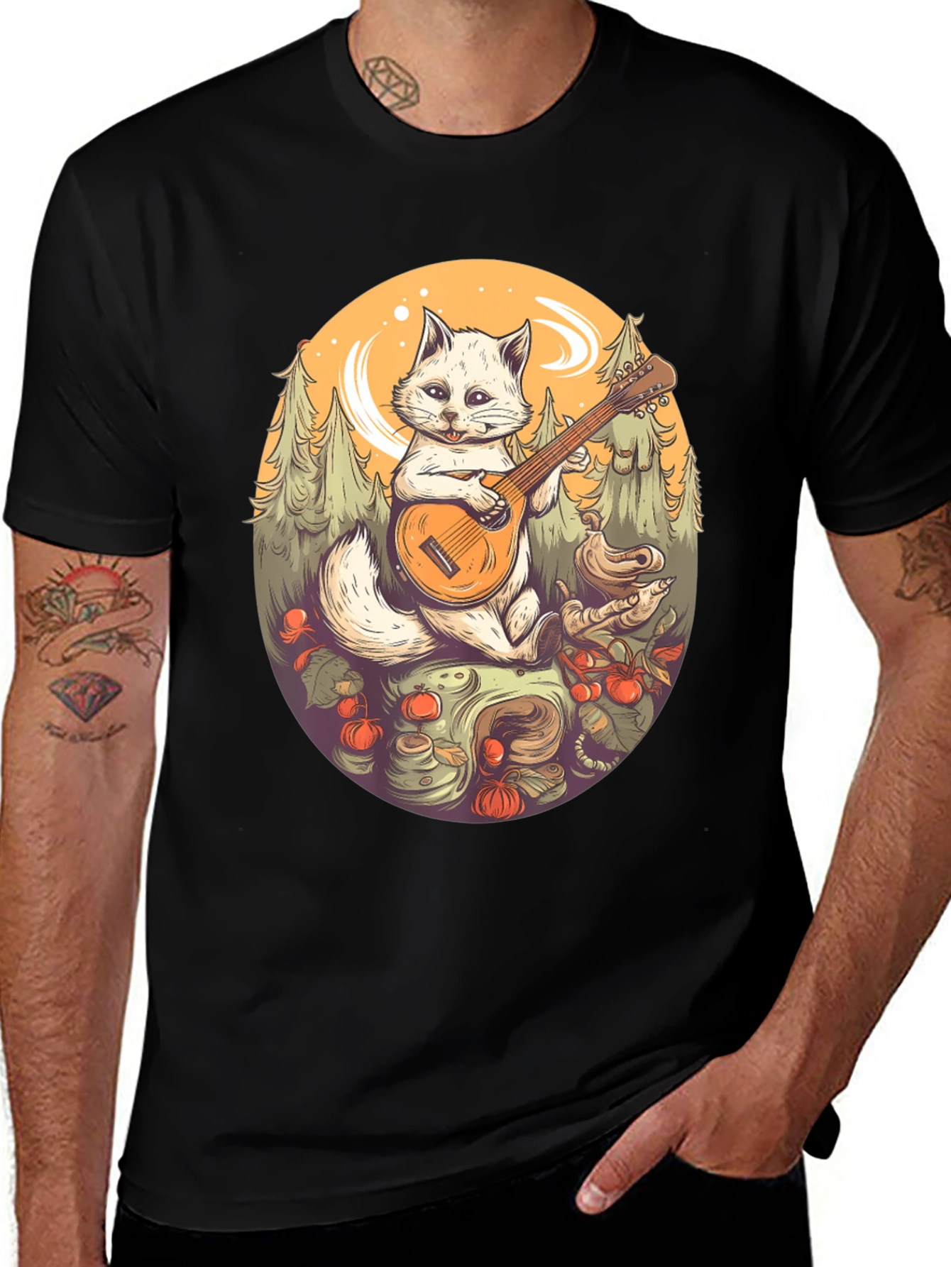 Cat Musician Graphic Tee - Black Cotton T-Shirt
