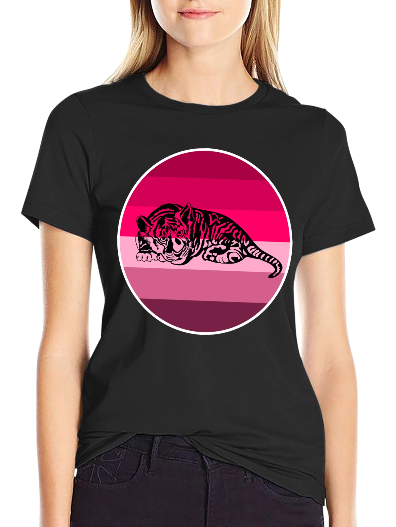 Pink Tiger Graphic Print Black T-Shirt