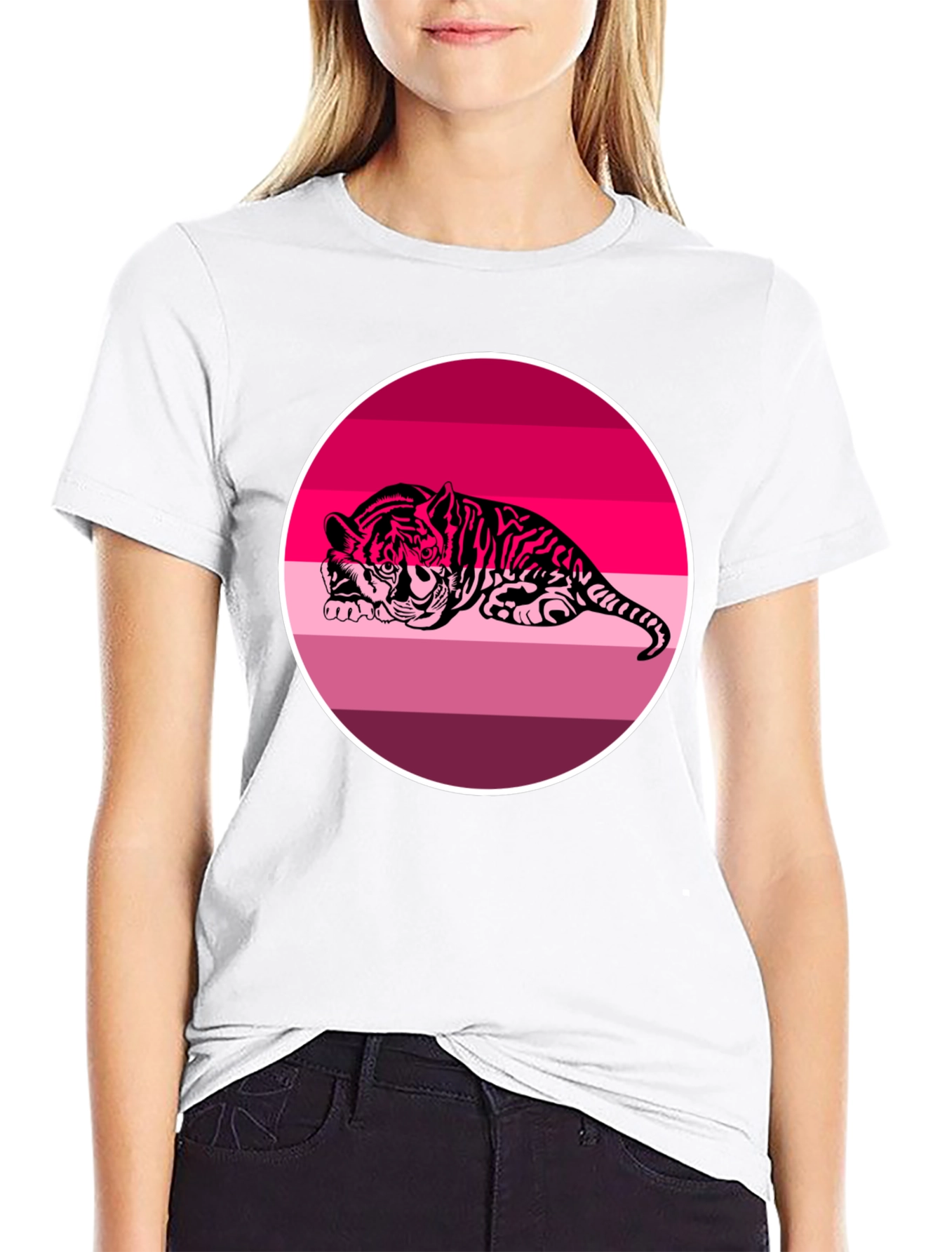 Pink Tiger Graphic Print Black T-Shirt