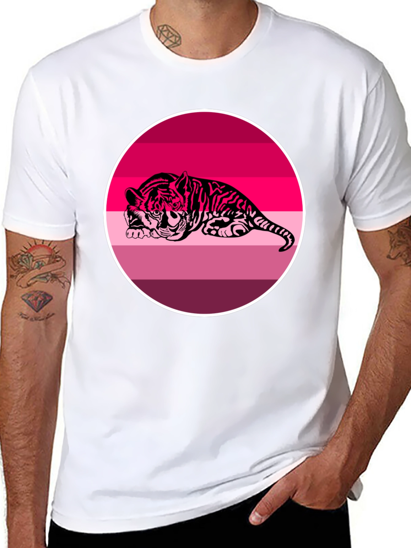 Pink Tiger Graphic Print Black T-Shirt