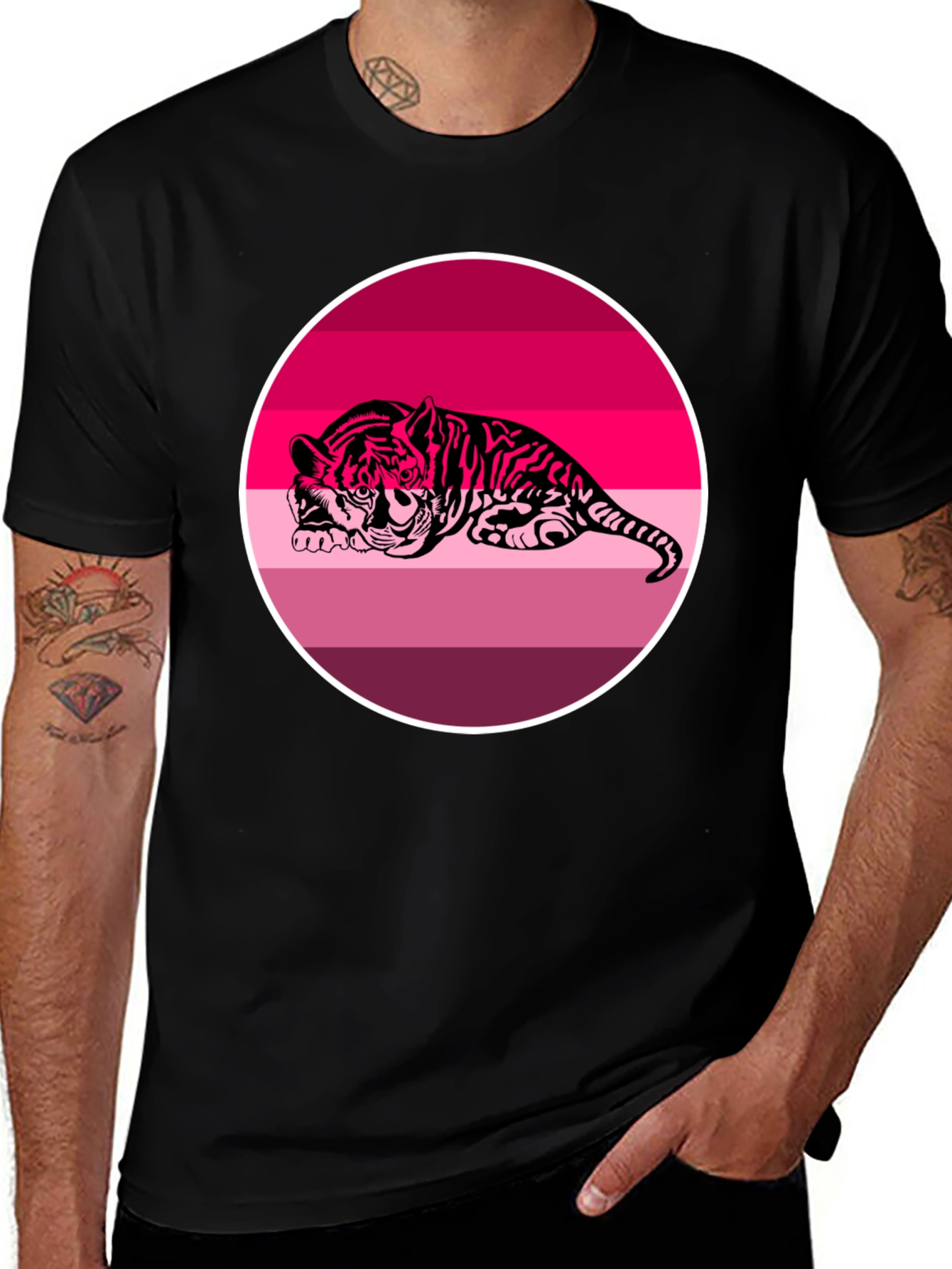 Pink Tiger Graphic Print Black T-Shirt