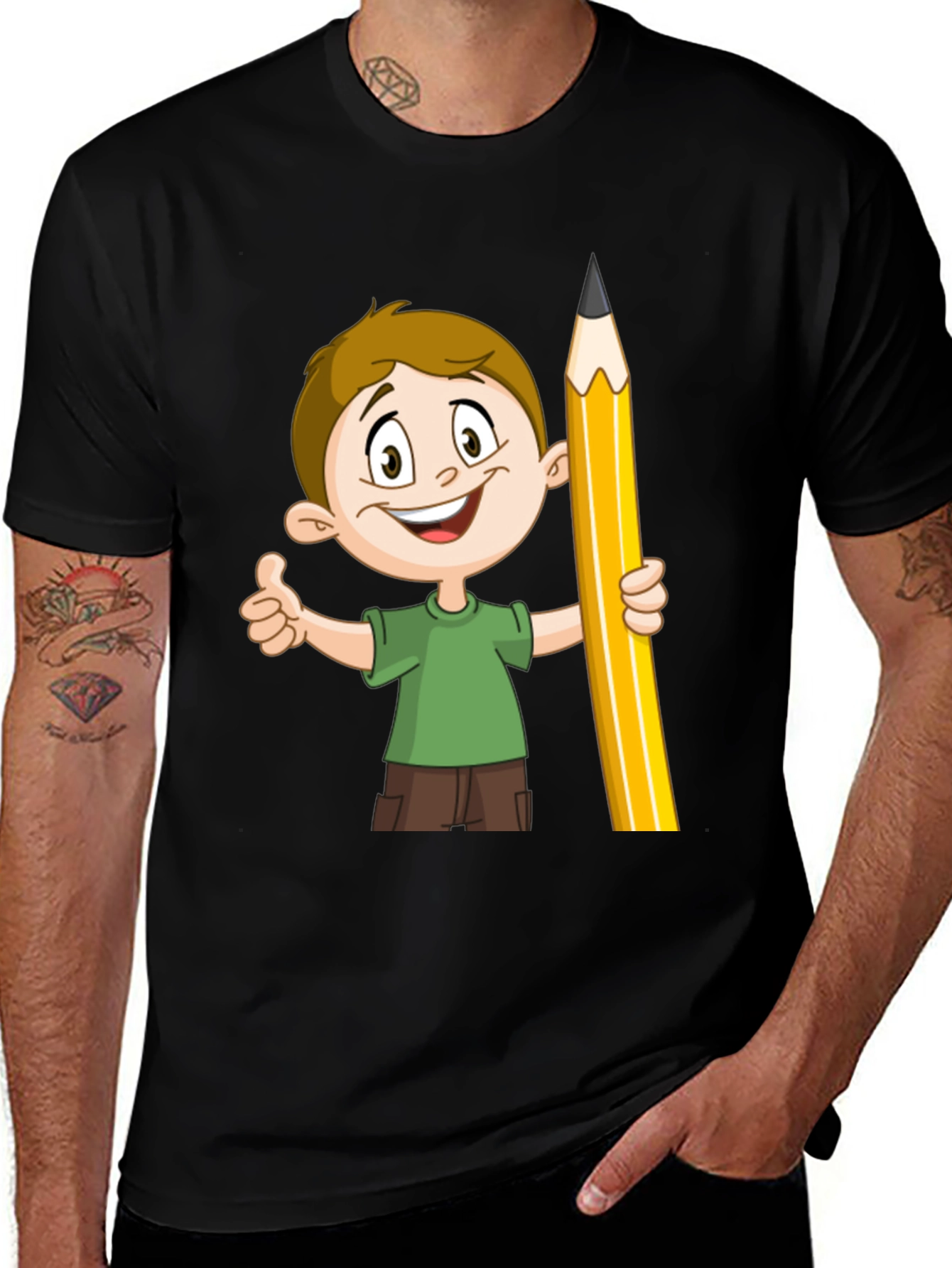Cartoon Boy Pencil Graphic Tee - Black Cotton Shirt