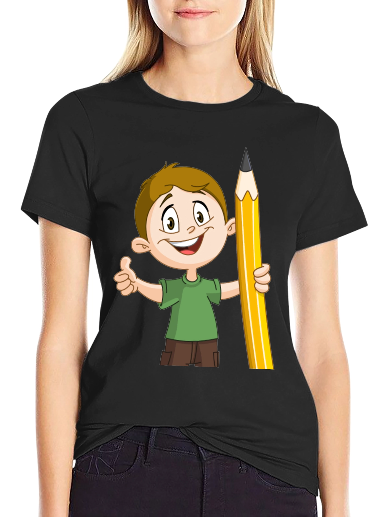 Cartoon Boy Pencil Graphic Tee - Black Cotton Shirt