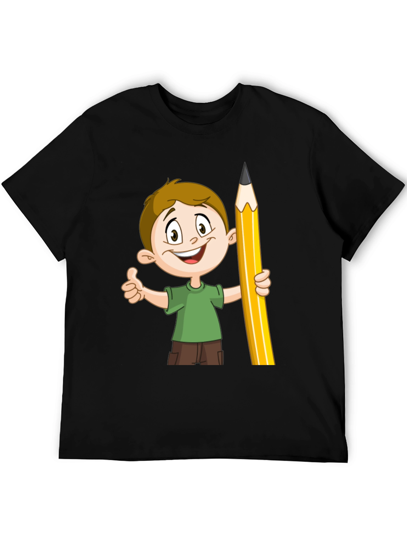 Cartoon Boy Pencil Graphic Tee - Black Cotton Shirt