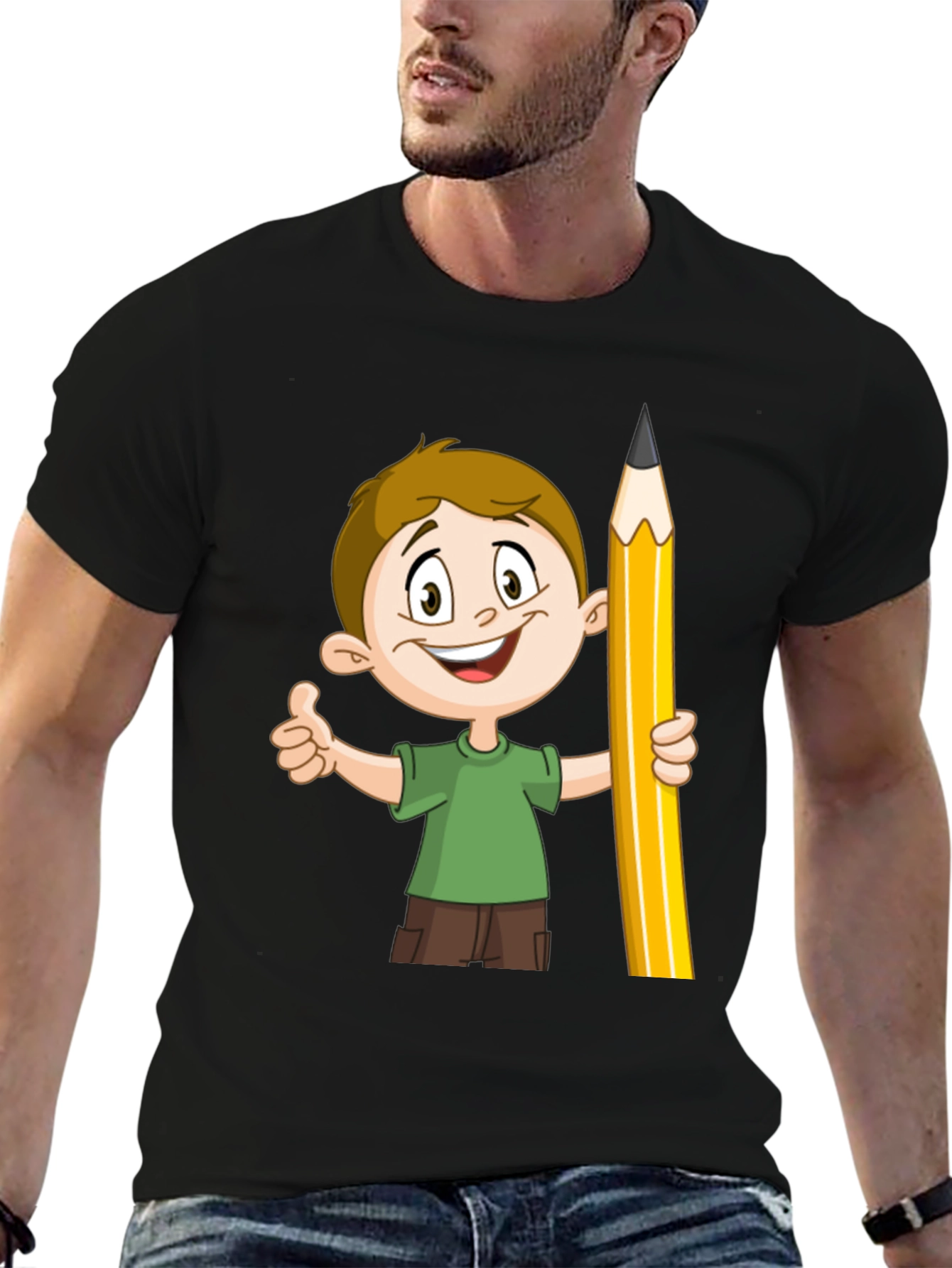 Cartoon Boy Pencil Graphic Tee - Black Cotton Shirt