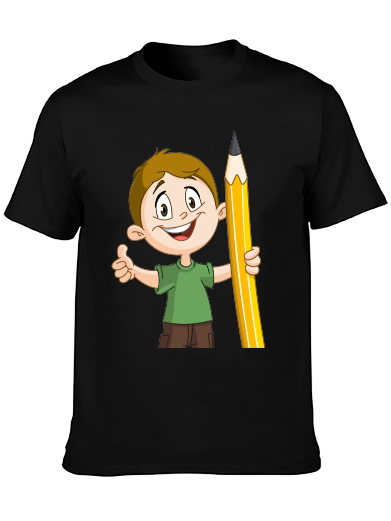 Cartoon Boy Pencil Graphic Tee - Black Cotton Shirt