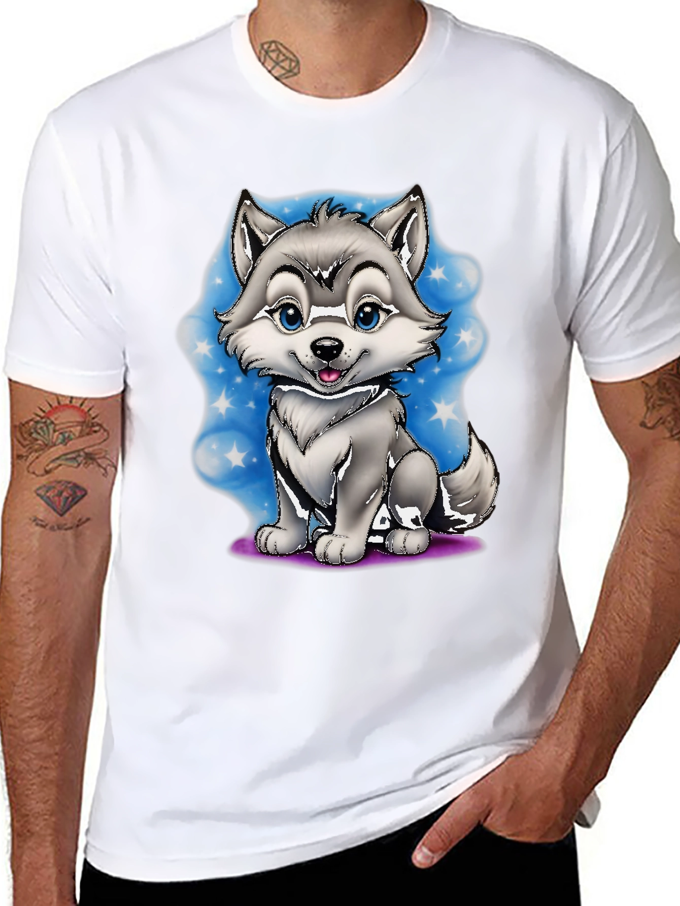 Cute Cartoon Wolf Graphic Tee - Black