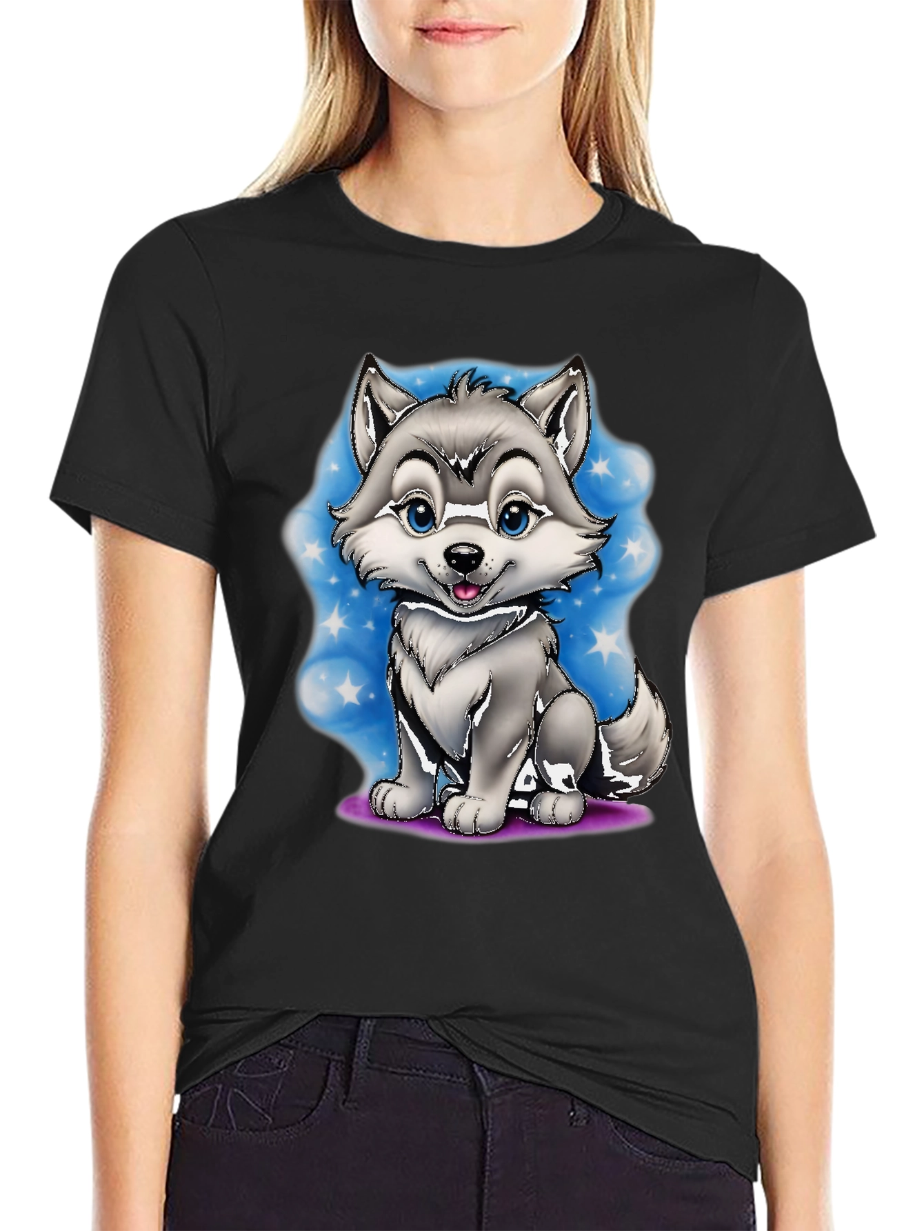 Cute Cartoon Wolf Graphic Tee - Black