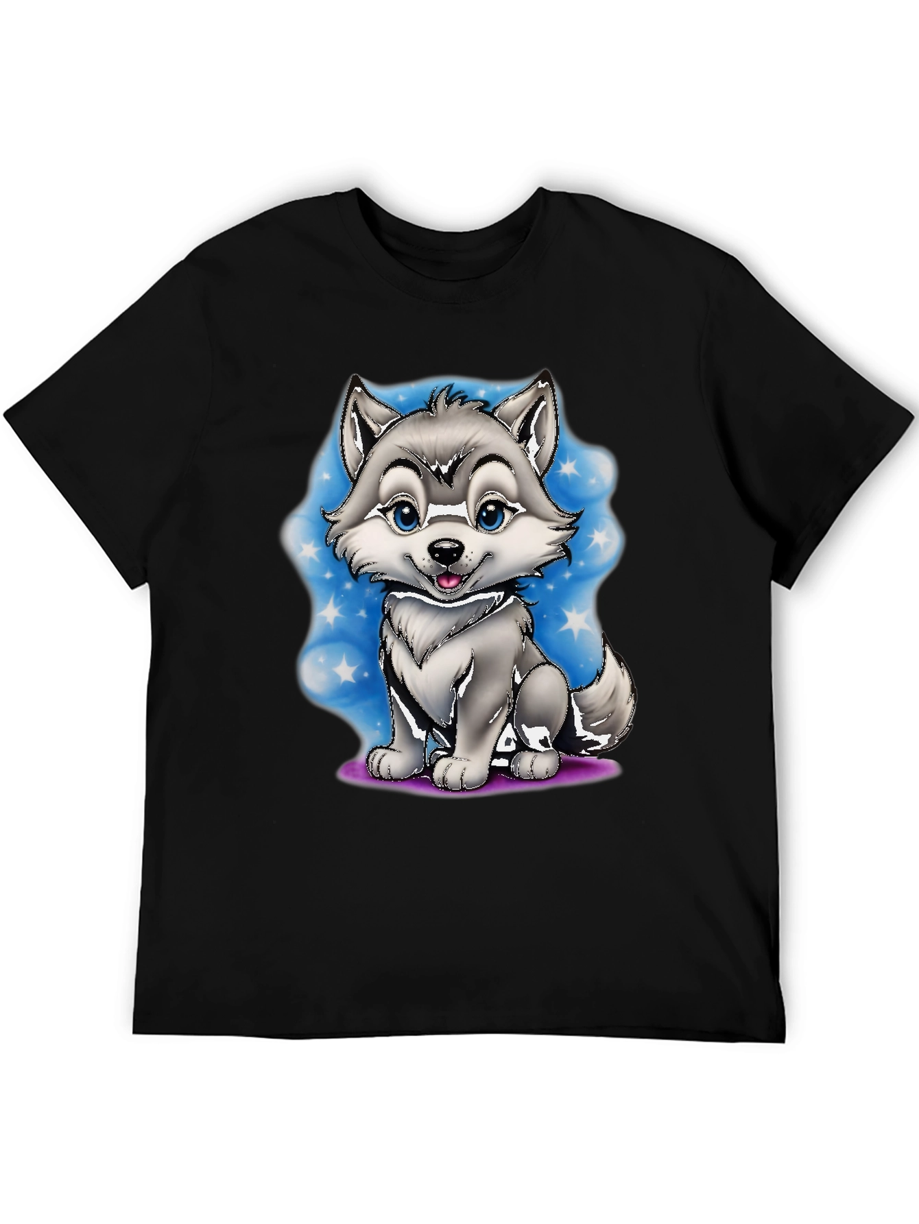 Cute Cartoon Wolf Graphic Tee - Black