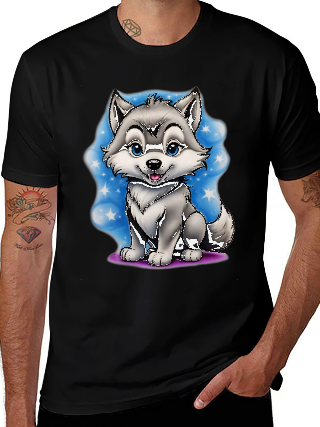 Cute Cartoon Wolf Graphic Tee - Black