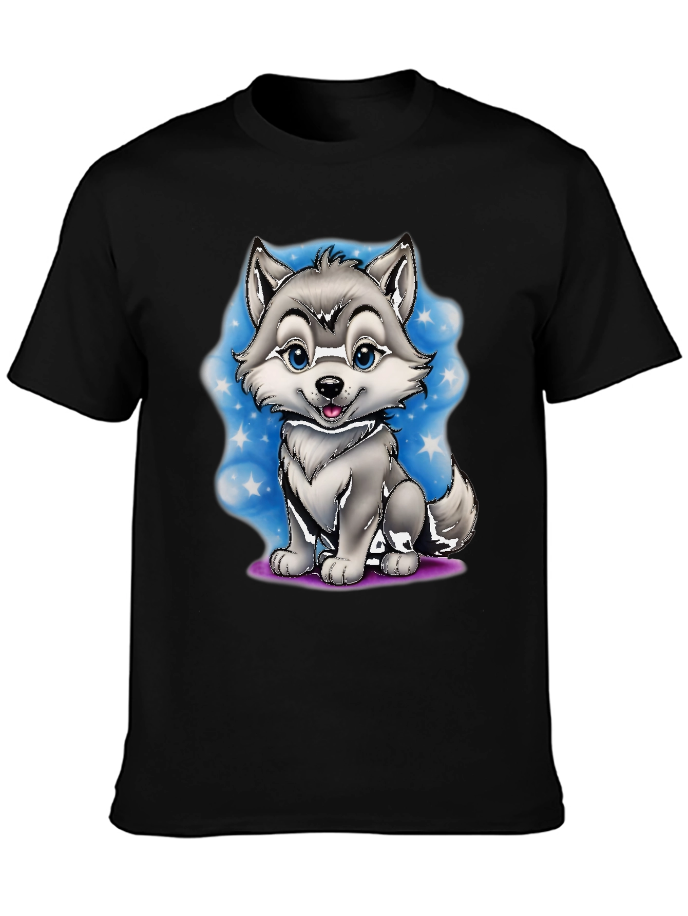 Cute Cartoon Wolf Graphic Tee - Black