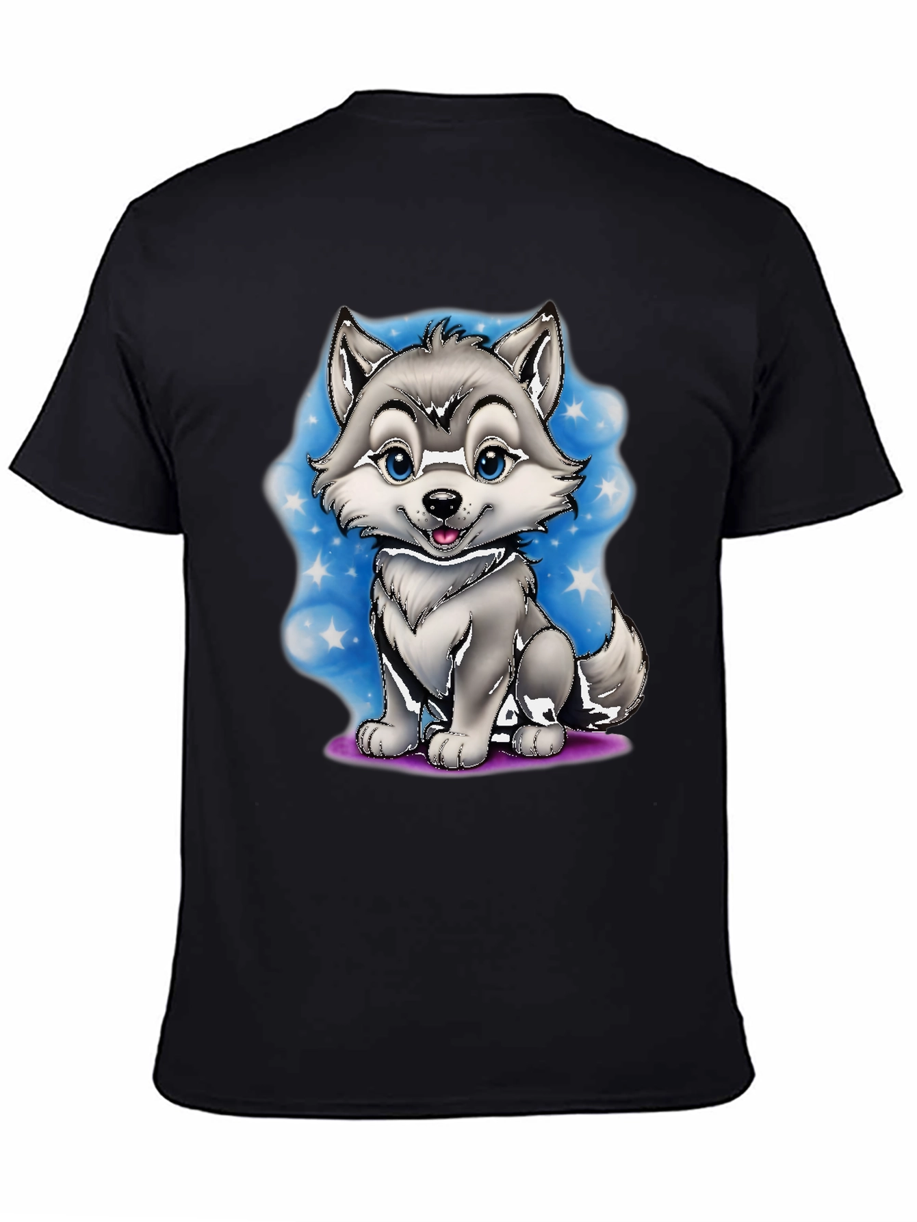 Cute Cartoon Wolf Graphic Tee - Black