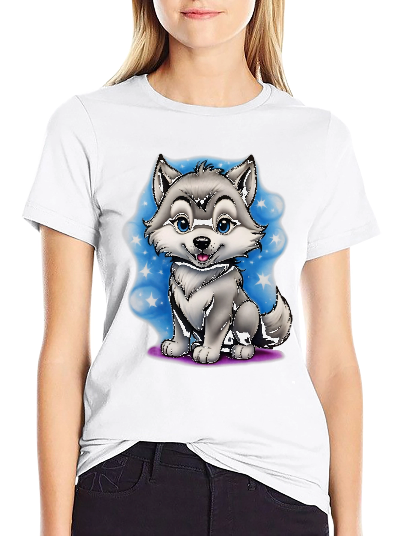 Cute Cartoon Wolf Graphic Tee - Black