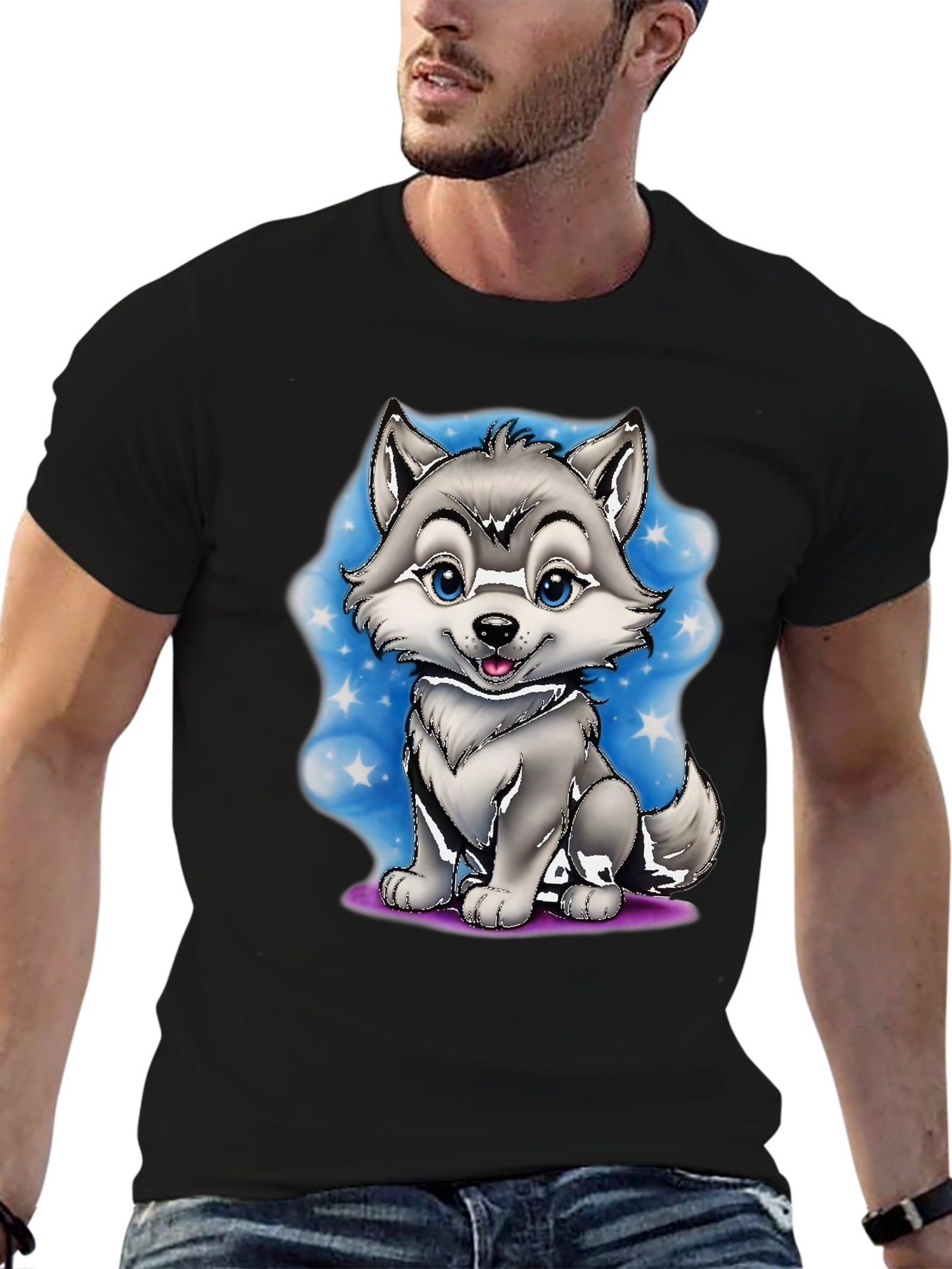 Cute Cartoon Wolf Graphic Tee - Black