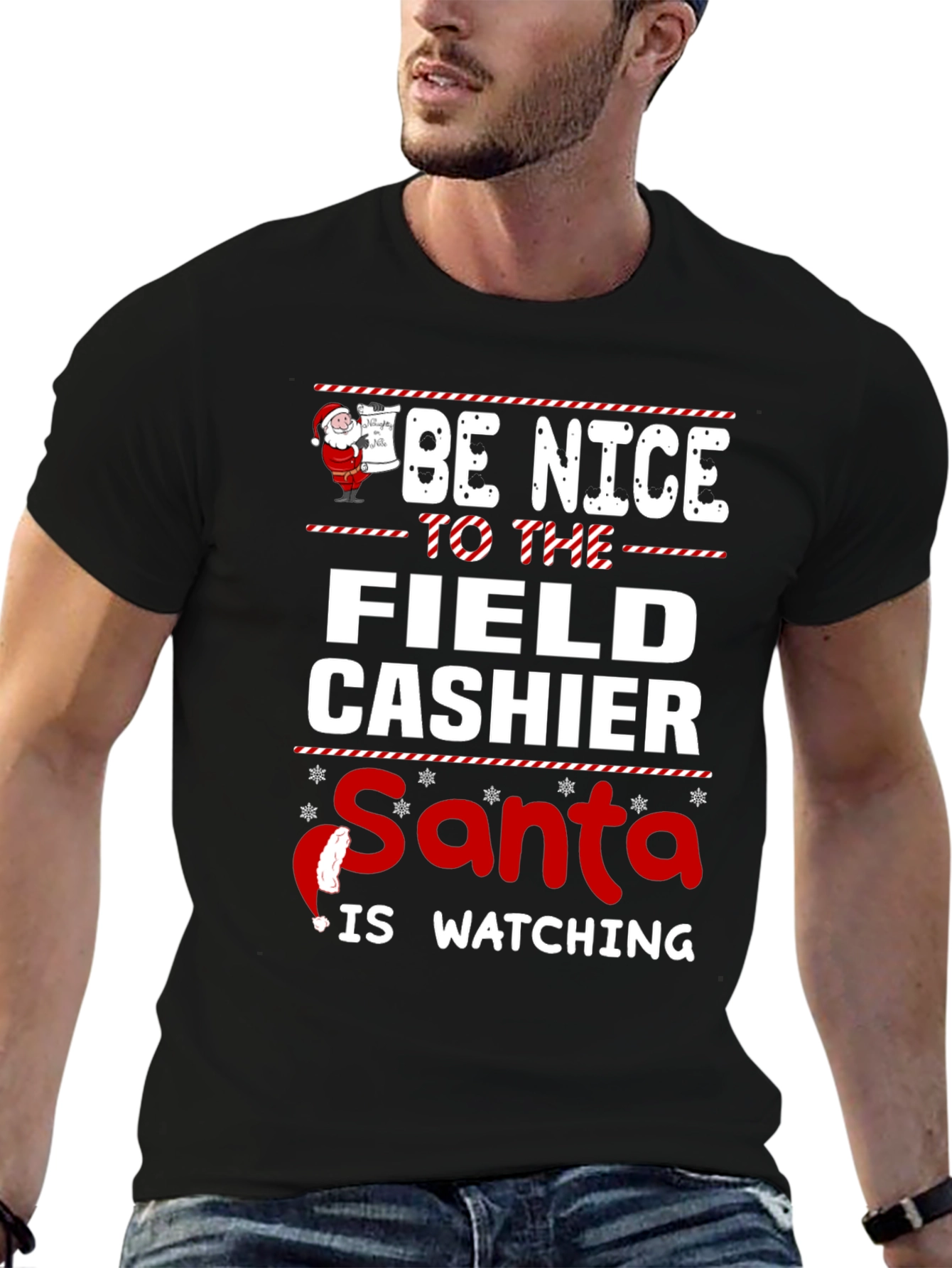 Be Nice to Field Cashier Santa Watching T-Shirt