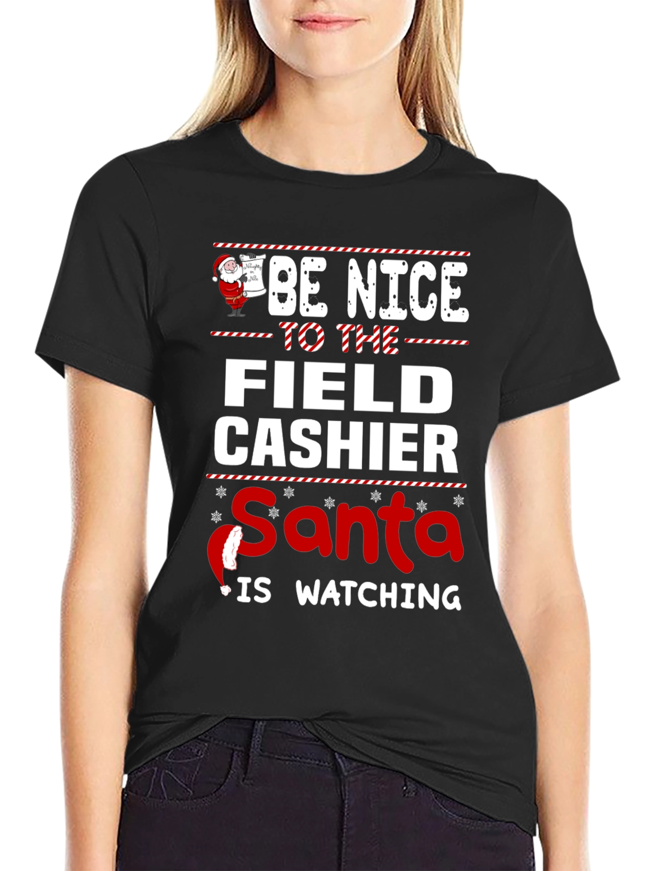Be Nice to Field Cashier Santa Watching T-Shirt