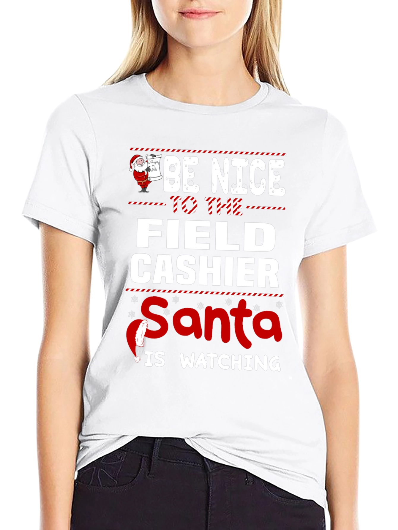 Be Nice to Field Cashier Santa Watching T-Shirt