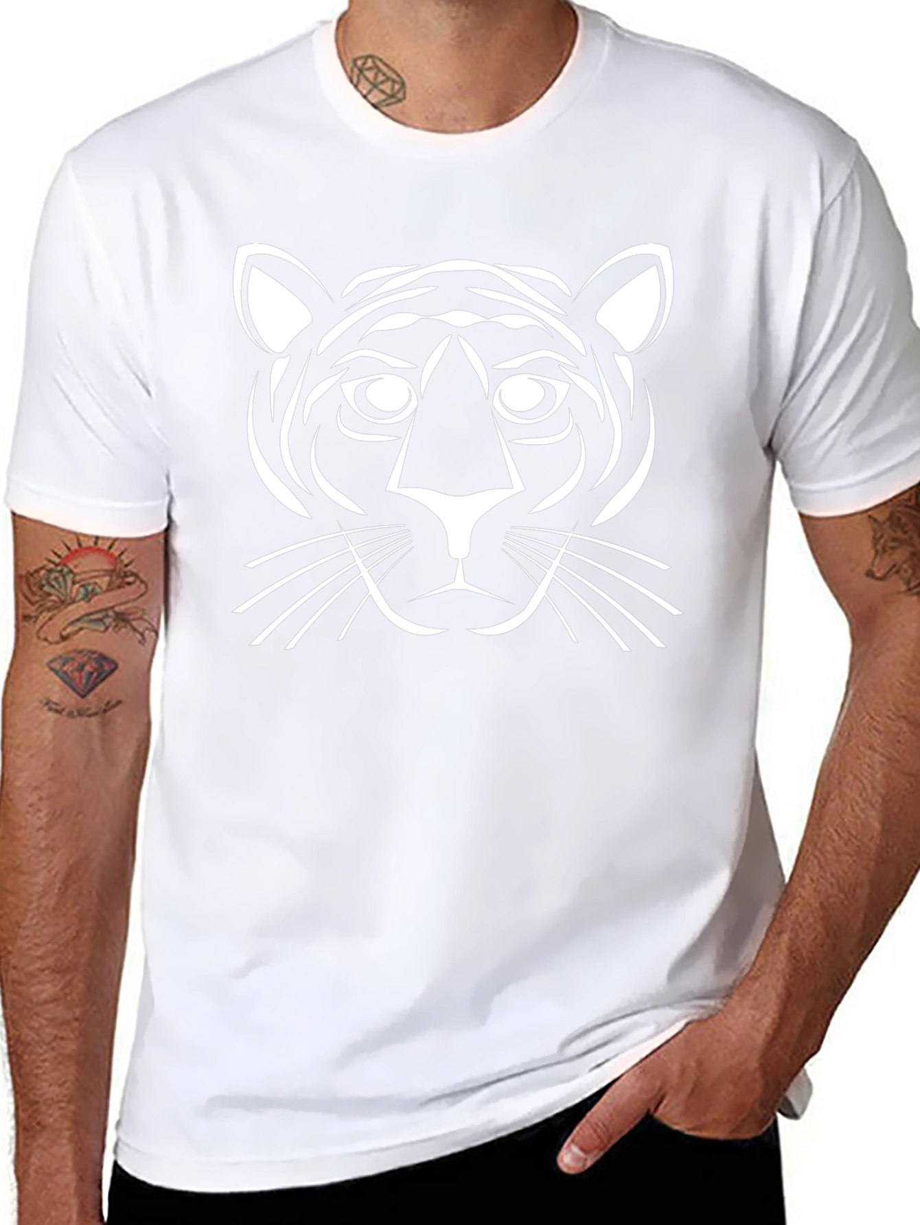 Black T-Shirt with White Tiger Graphic