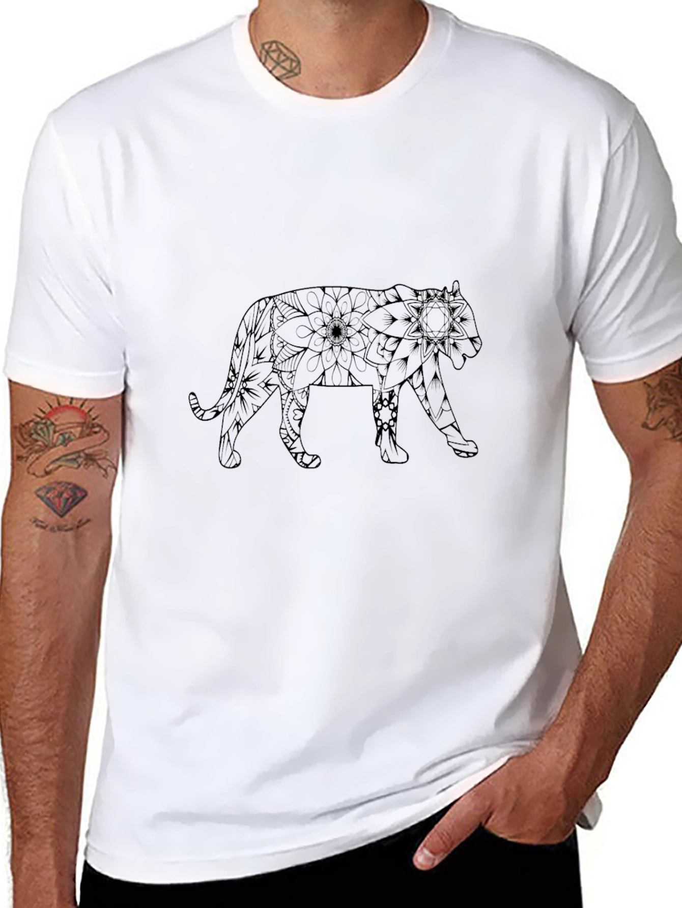 Geometric Tiger Graphic Tee - Black Cotton Blend