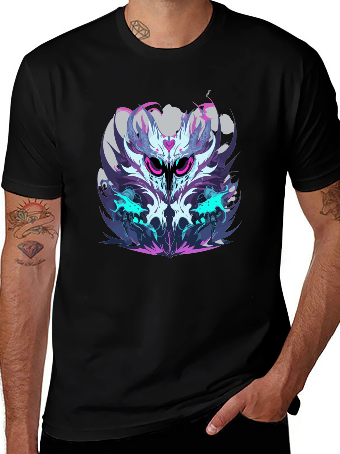 Mens Black Graphic Tee - Abstract Owl Design