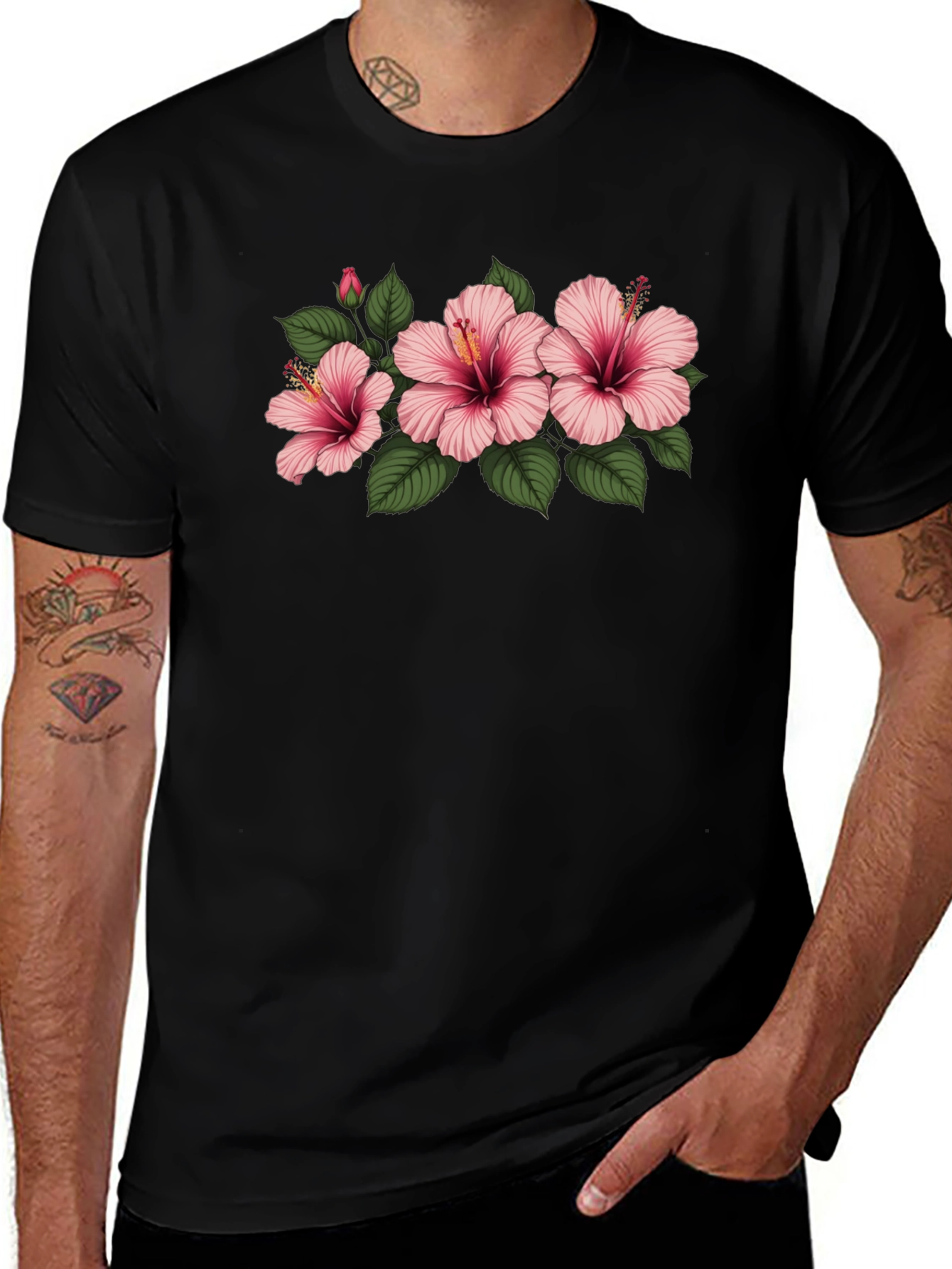 Black Floral T-Shirt with Pink Hibiscus Flowers