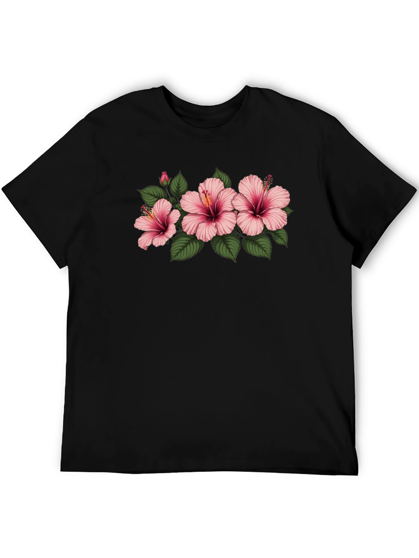 Black Floral T-Shirt with Pink Hibiscus Flowers
