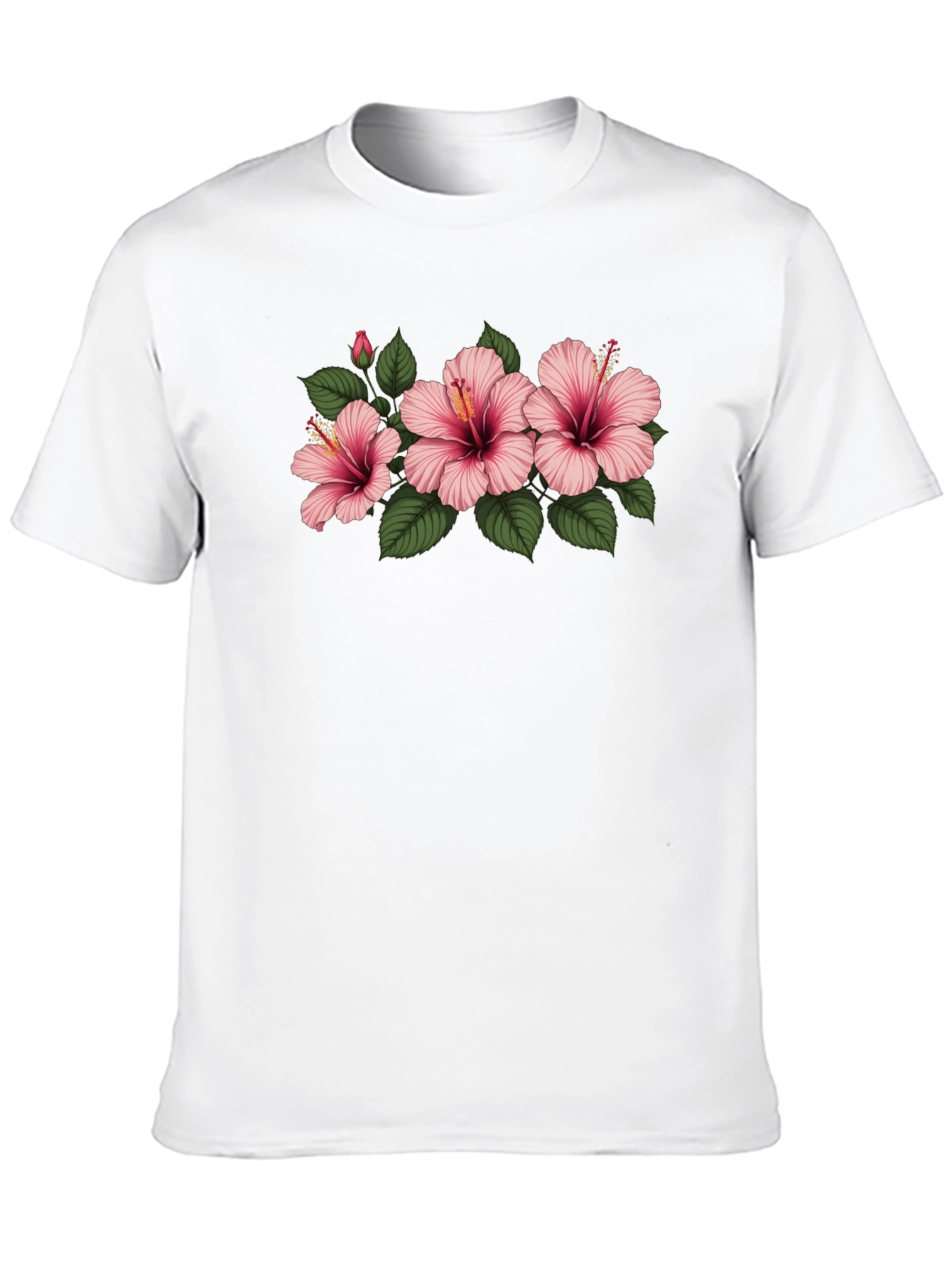 Black Floral T-Shirt with Pink Hibiscus Flowers